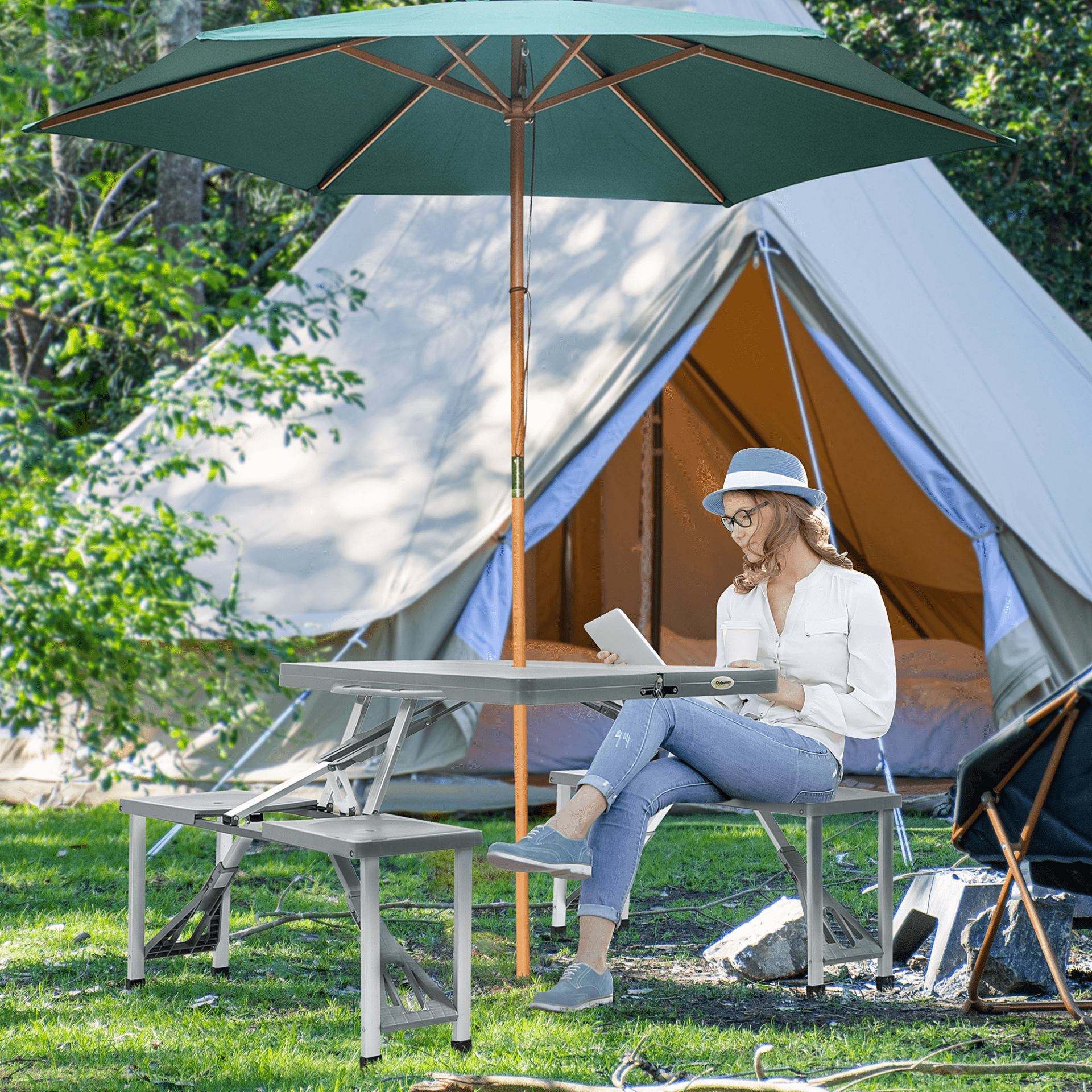 Outsunny Portable Foldable Camping Picnic Table with Seats, Chairs, and Umbrella Hole - Grey Camping Chair Cosy Camping Co.   