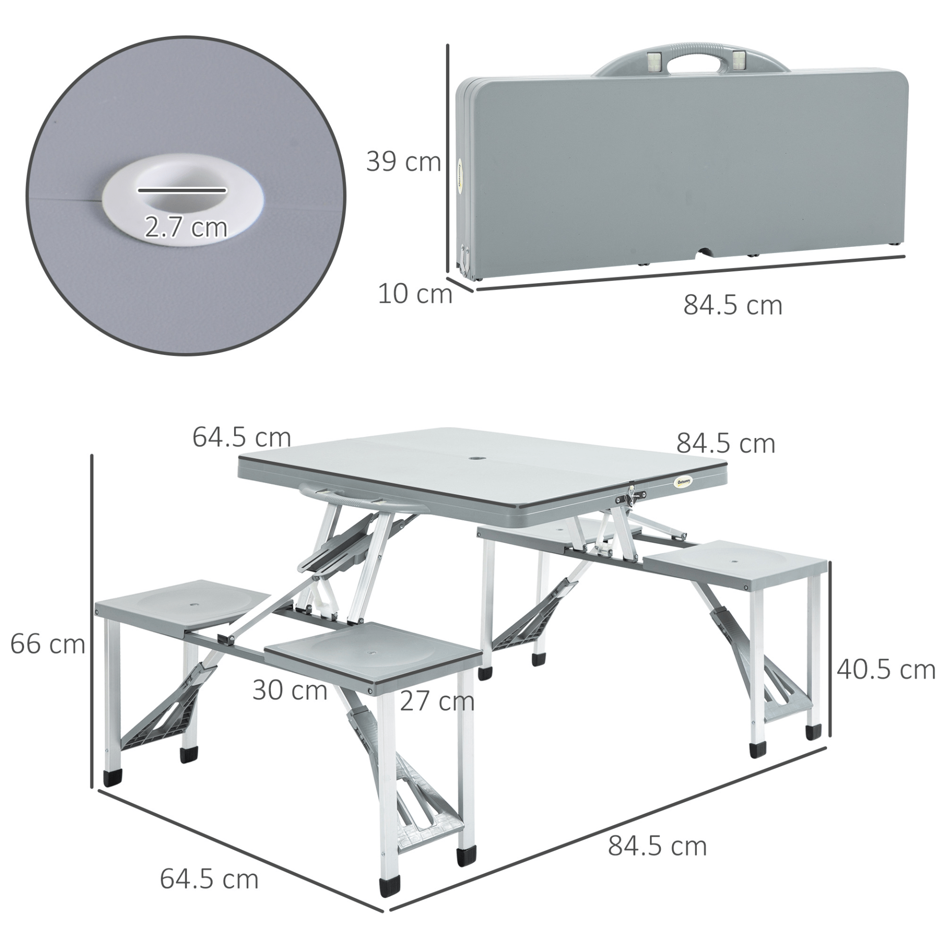 Outsunny Portable Foldable Camping Picnic Table with Seats, Chairs, and Umbrella Hole - Grey Camping Chair Cosy Camping Co.   