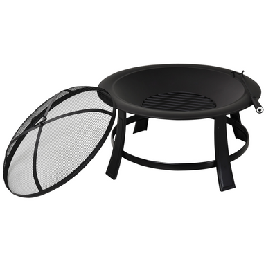Outsunny Metal Large Firepit Bowl Outdoor Round Fire Pit with Lid, Log Grate, and Poker Firepit Cosy Camping Co. Black  