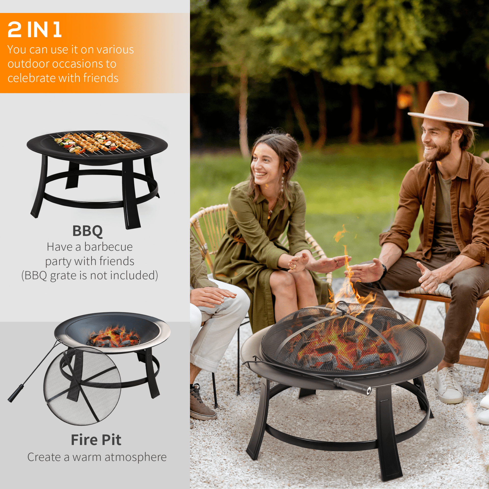 Outsunny Metal Large Firepit Bowl Outdoor Round Fire Pit with Lid, Log Grate, and Poker Firepit Cosy Camping Co.   