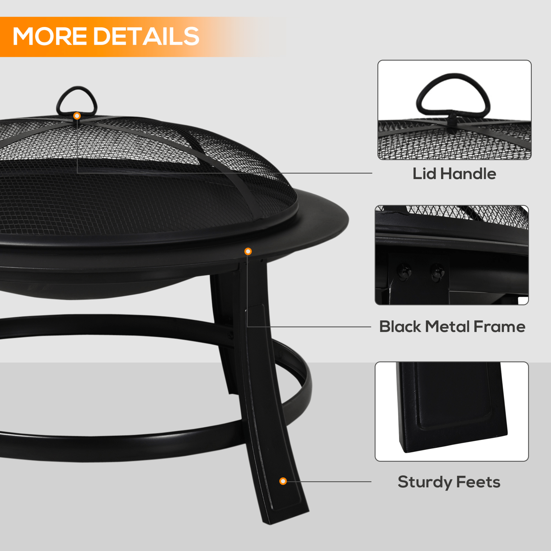 Outsunny Metal Large Firepit Bowl Outdoor Round Fire Pit with Lid, Log Grate, and Poker Firepit Cosy Camping Co.   