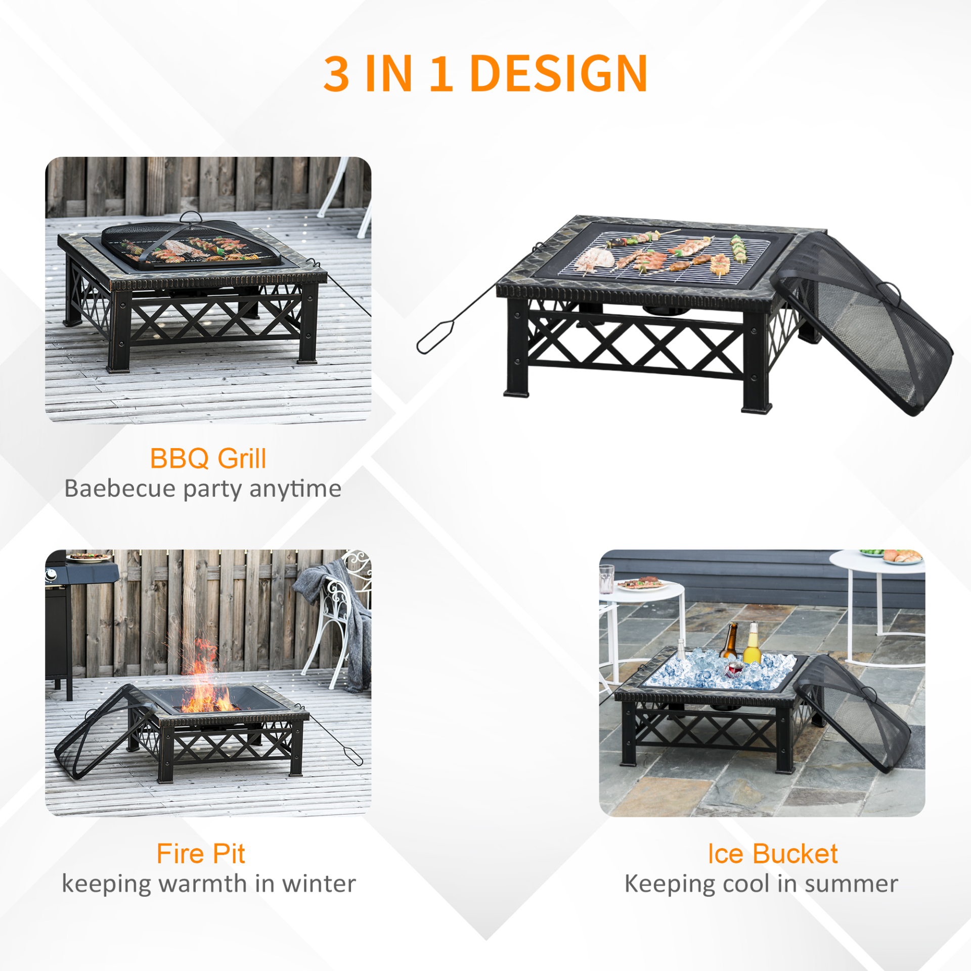 Outsunny Metal Large Firepit Outdoor 3 in 1 Square Fire Pit Brazier - Black Firepit Cosy Camping Co.   