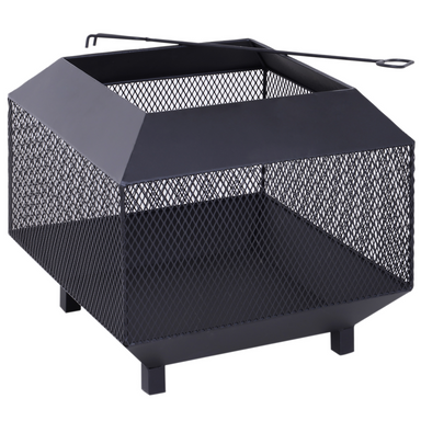 Outsunny Metal Square Fire Pit Outdoor Mesh Firepit Brazier w/ Lid, Log Grate, Poker - Black Firepit Cosy Camping Co. Black  