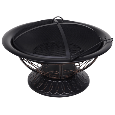 Outsunny Metal Large Firepit Bowl Outdoor Round Fire Pit Brazier with Lid, Log Grate, Poker, Elegant Scrolls - 76 x 76 x 50cm, Black Firepit Cosy Camping Co. Black/Bronze  