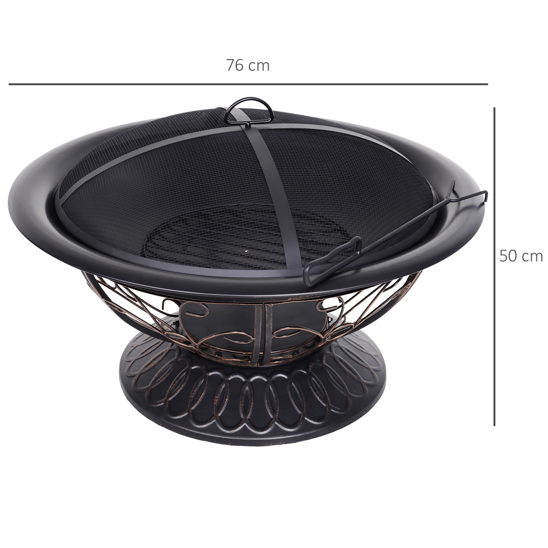 Outsunny Metal Large Firepit Bowl Outdoor Round Fire Pit Brazier with Lid, Log Grate, Poker, Elegant Scrolls - 76 x 76 x 50cm, Black Firepit Cosy Camping Co.   