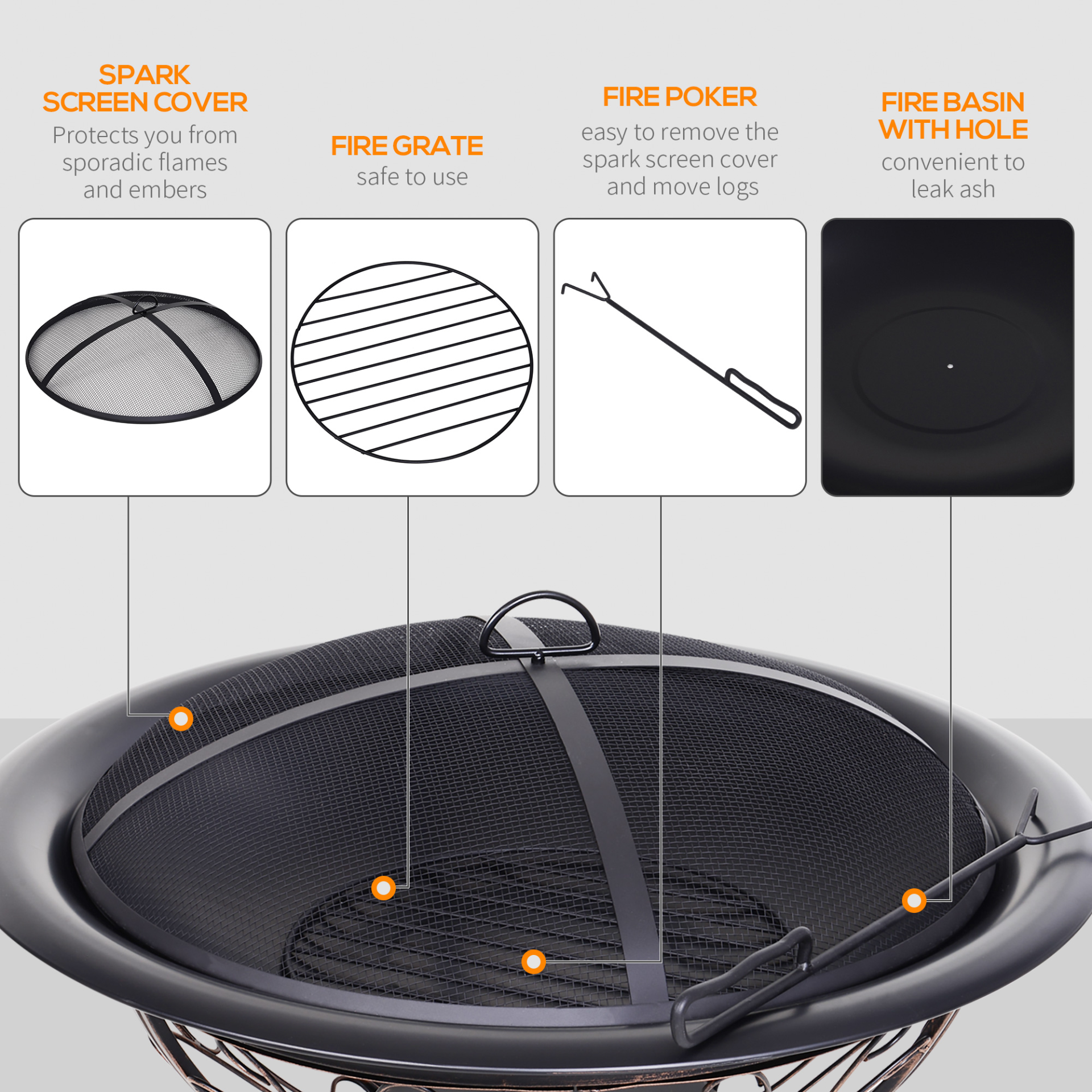 Outsunny Metal Large Firepit Bowl Outdoor Round Fire Pit Brazier with Lid, Log Grate, Poker, Elegant Scrolls - 76 x 76 x 50cm, Black Firepit Cosy Camping Co.   