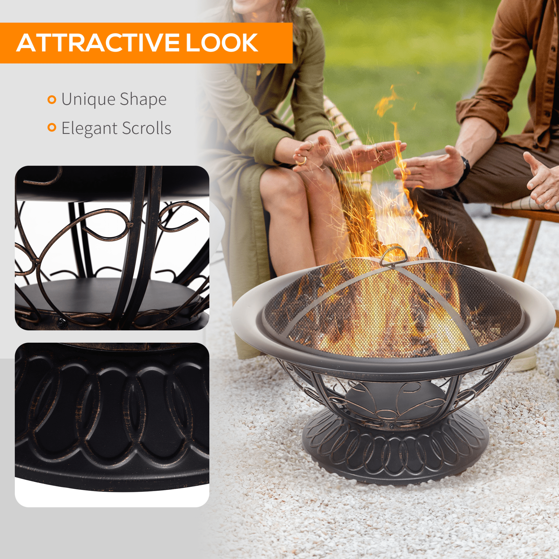 Outsunny Metal Large Firepit Bowl Outdoor Round Fire Pit Brazier with Lid, Log Grate, Poker, Elegant Scrolls - 76 x 76 x 50cm, Black Firepit Cosy Camping Co.   