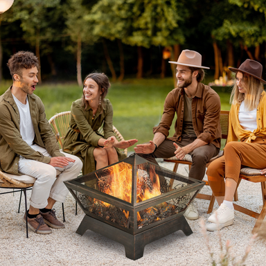 Outsunny Outdoor Fire Pit, Metal Square Firepit Bowl with Spark Screen, Poker - Stay Warm and Cozy Firepit Cosy Camping Co.   