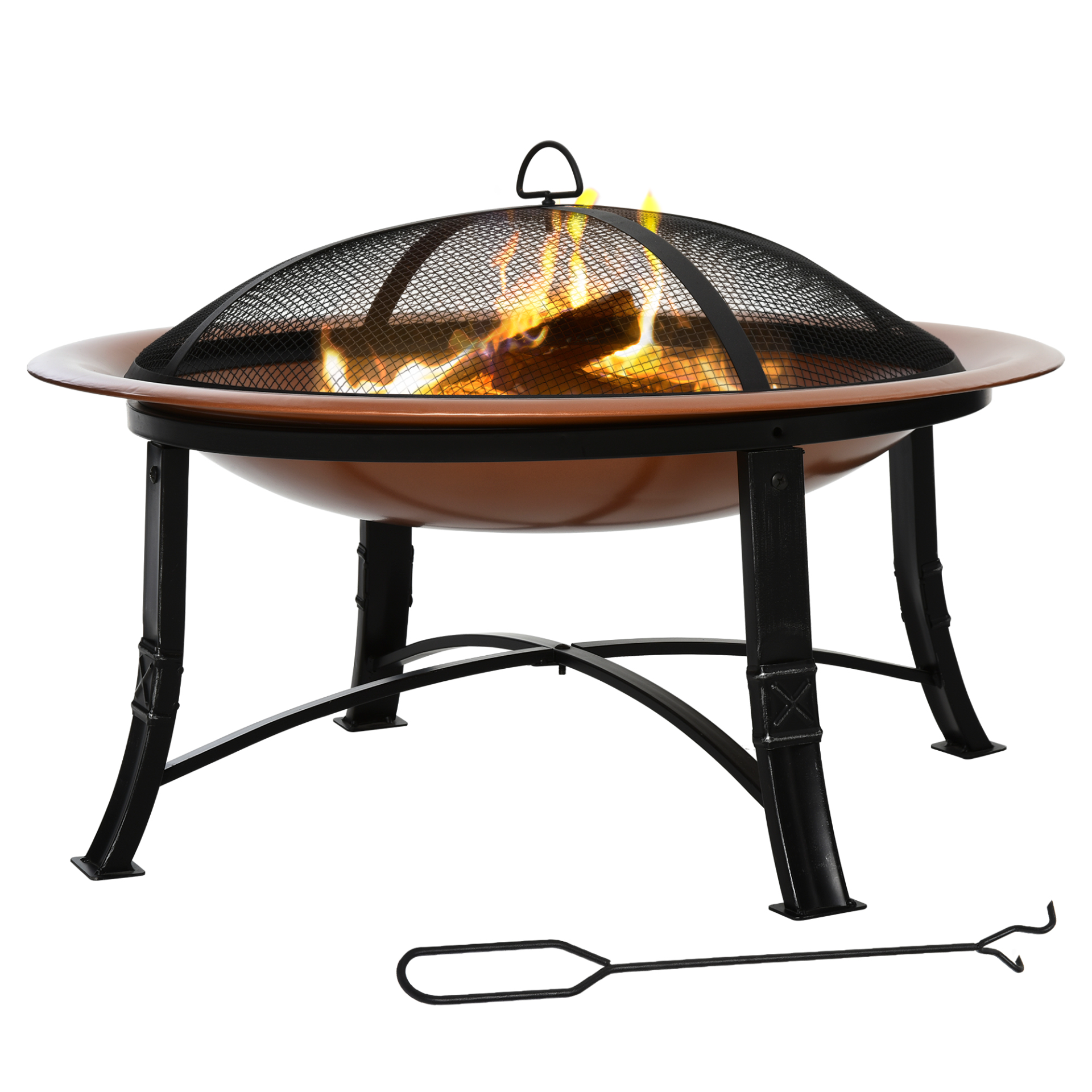 Outsunny Metal Large Firepit Bowl Outdoor Round Fire Pit with Lid, Log Grate, and Poker - Bronze Firepit Cosy Camping Co. Bronze  