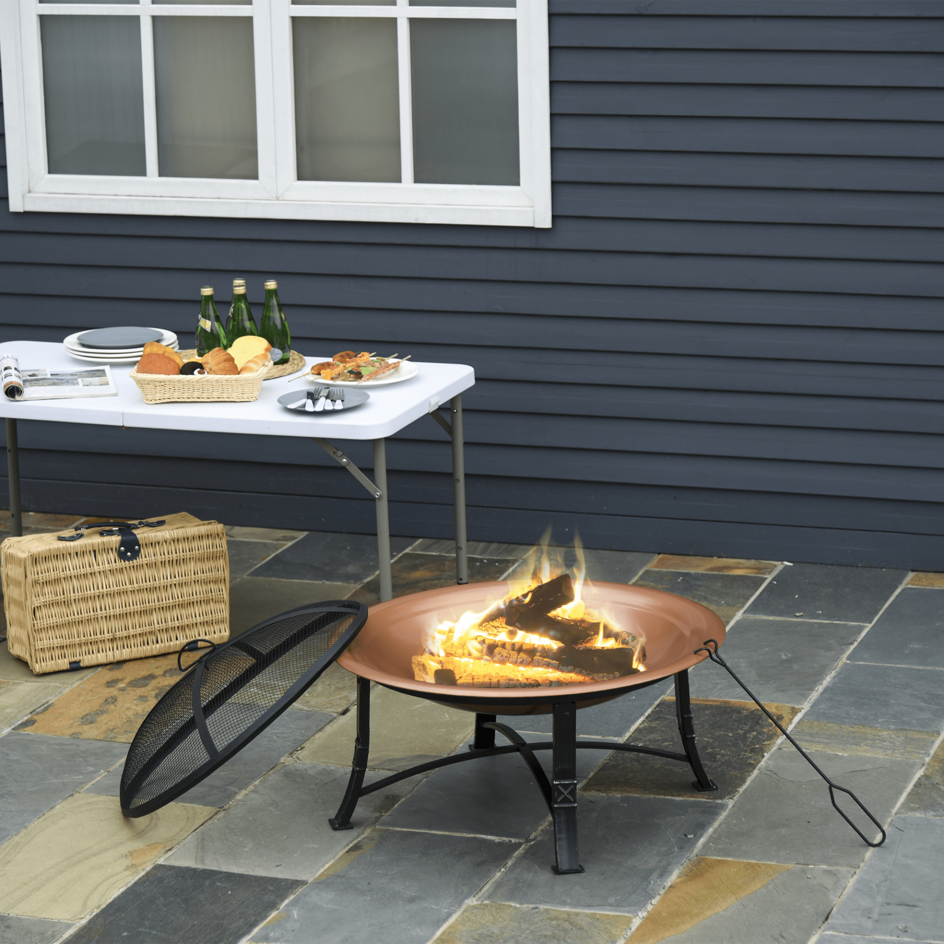 Outsunny Metal Large Firepit Bowl Outdoor Round Fire Pit with Lid, Log Grate, and Poker - Bronze Firepit Cosy Camping Co.   