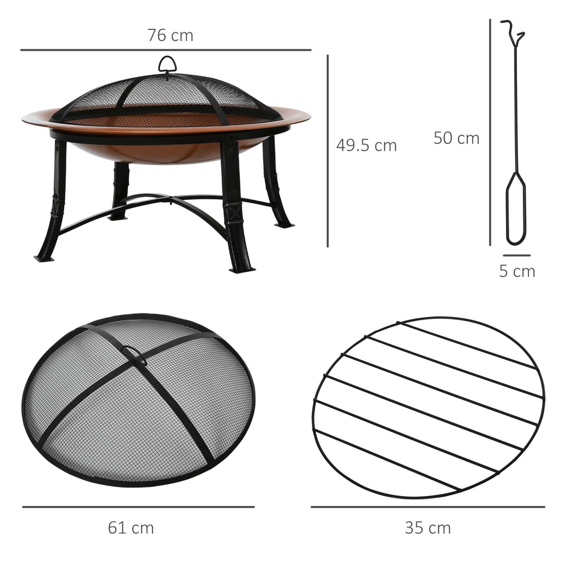 Outsunny Metal Large Firepit Bowl Outdoor Round Fire Pit with Lid, Log Grate, and Poker - Bronze Firepit Cosy Camping Co.   