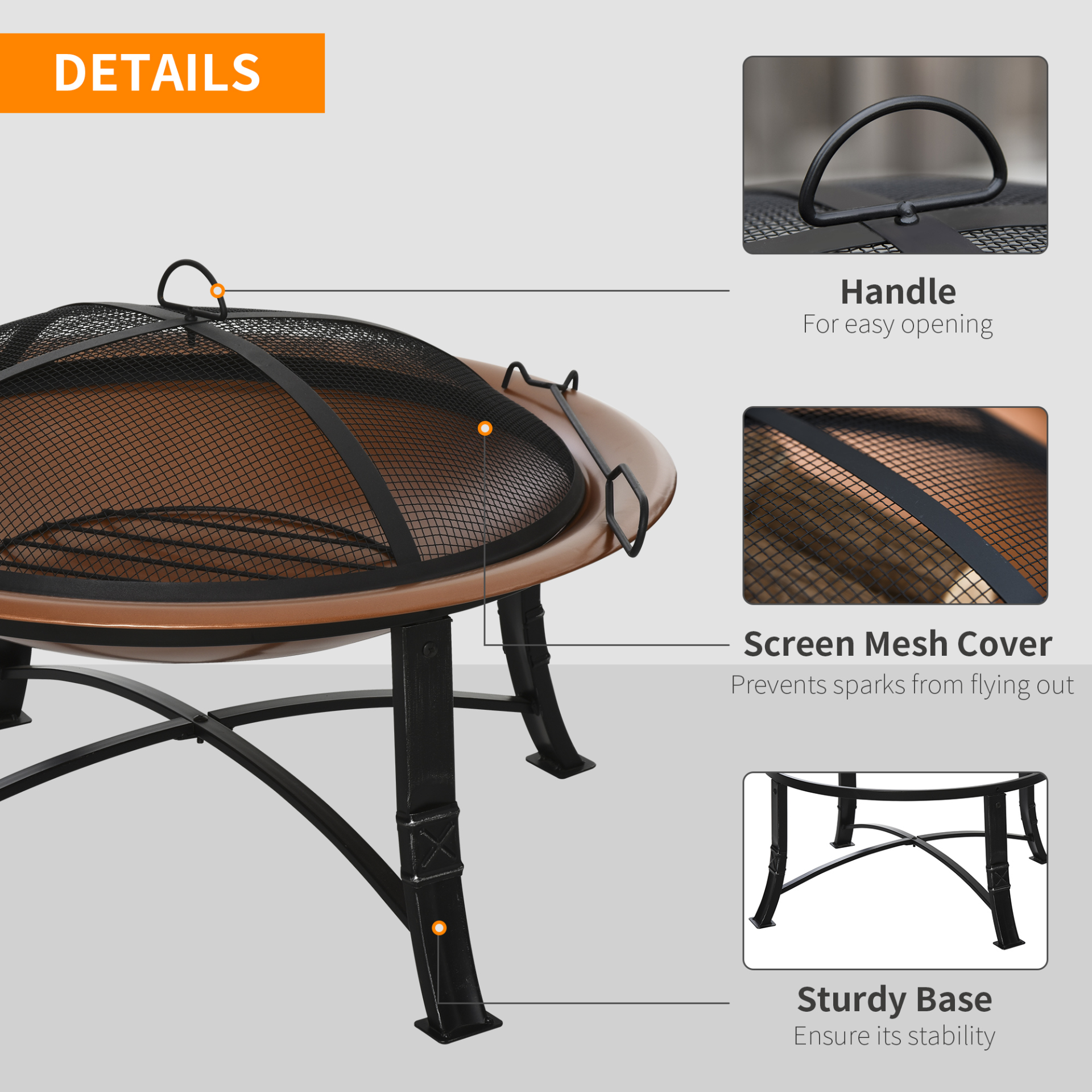 Outsunny Metal Large Firepit Bowl Outdoor Round Fire Pit with Lid, Log Grate, and Poker - Bronze Firepit Cosy Camping Co.   