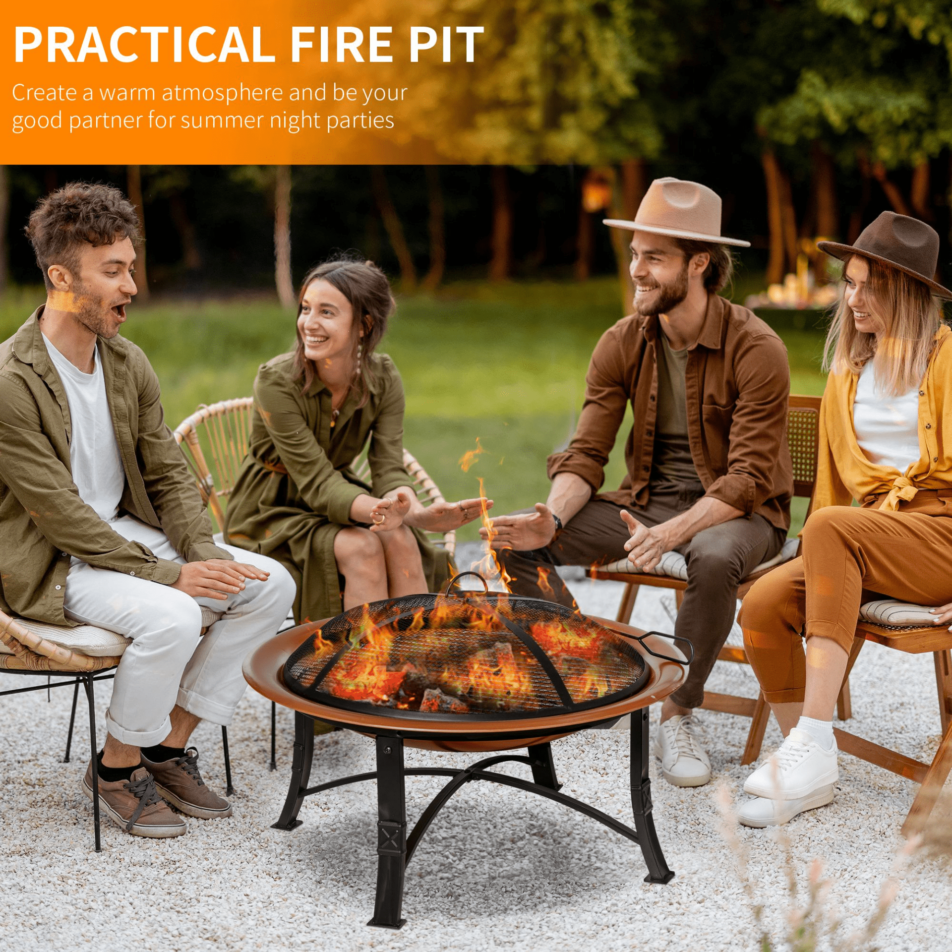 Outsunny Metal Large Firepit Bowl Outdoor Round Fire Pit with Lid, Log Grate, and Poker - Bronze Firepit Cosy Camping Co.   