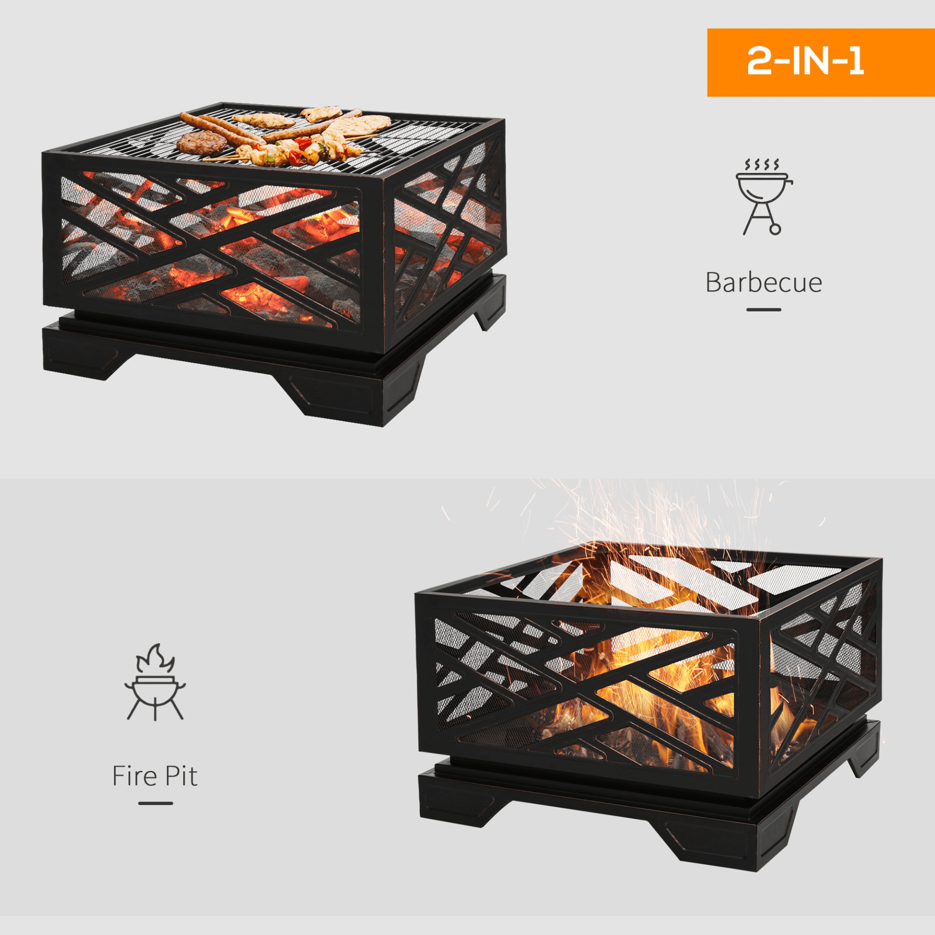 Outsunny Metal Firepit 2 in 1 Square Firepit Cosy Camping Co.   