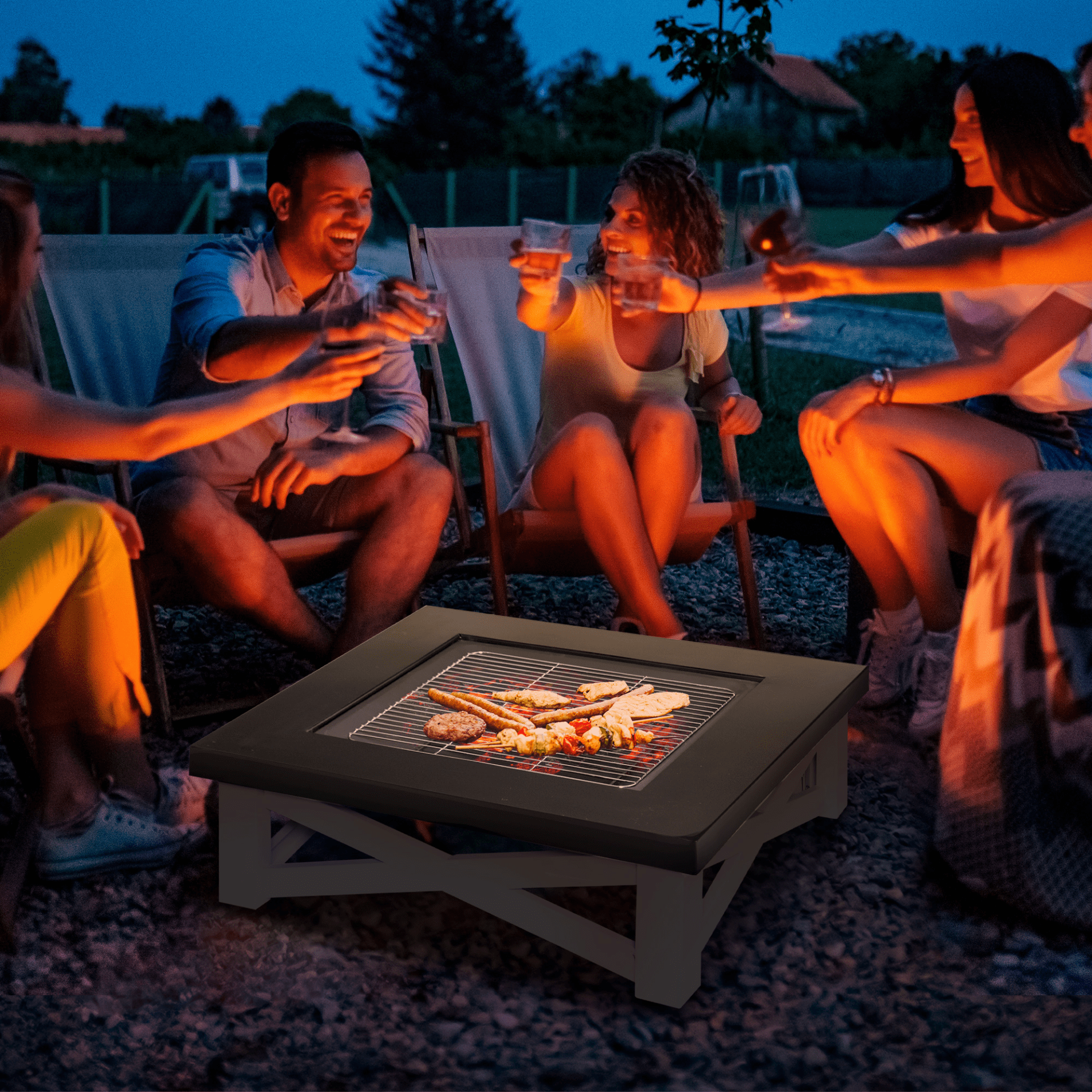 Outsunny Metal Large Firepit Outdoor 3 in 1 Square Fire Pit Brazier with BBQ Grill, Lid, Log Grate, Poker, Black Firepit Cosy Camping Co.   
