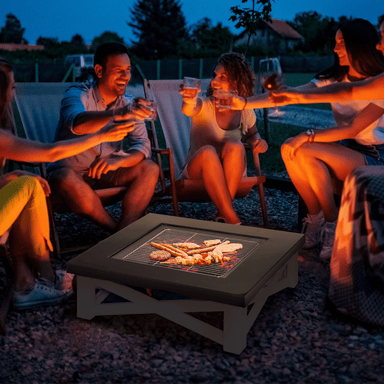 Outsunny Metal Large Firepit Outdoor 3 in 1 Square Fire Pit Brazier with BBQ Grill, Lid, Log Grate, Poker, Black Firepit Cosy Camping Co.   
