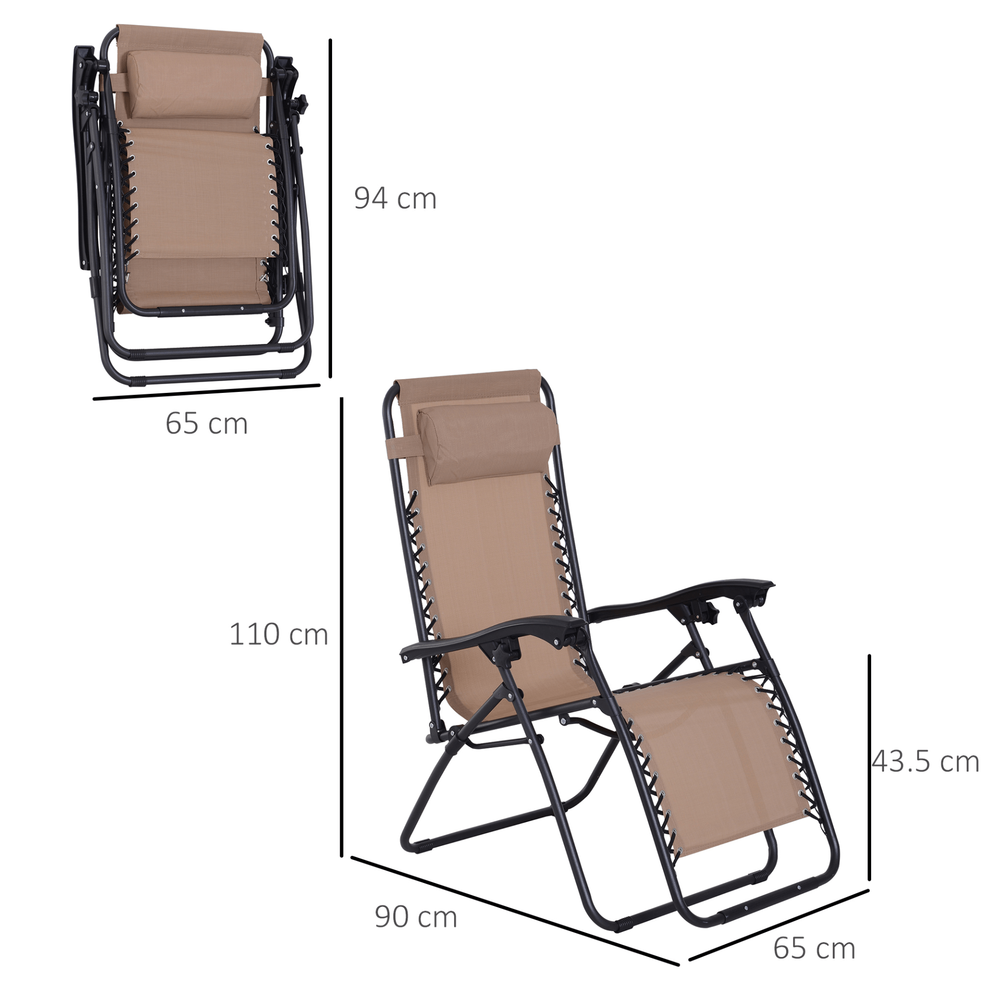 Outsunny Zero Gravity Chair - Metal Frame Texteline Armchair Outdoor Folding & Reclining Sun Lounger with Head Pillow, Beige Camping Chair Cosy Camping Co.   