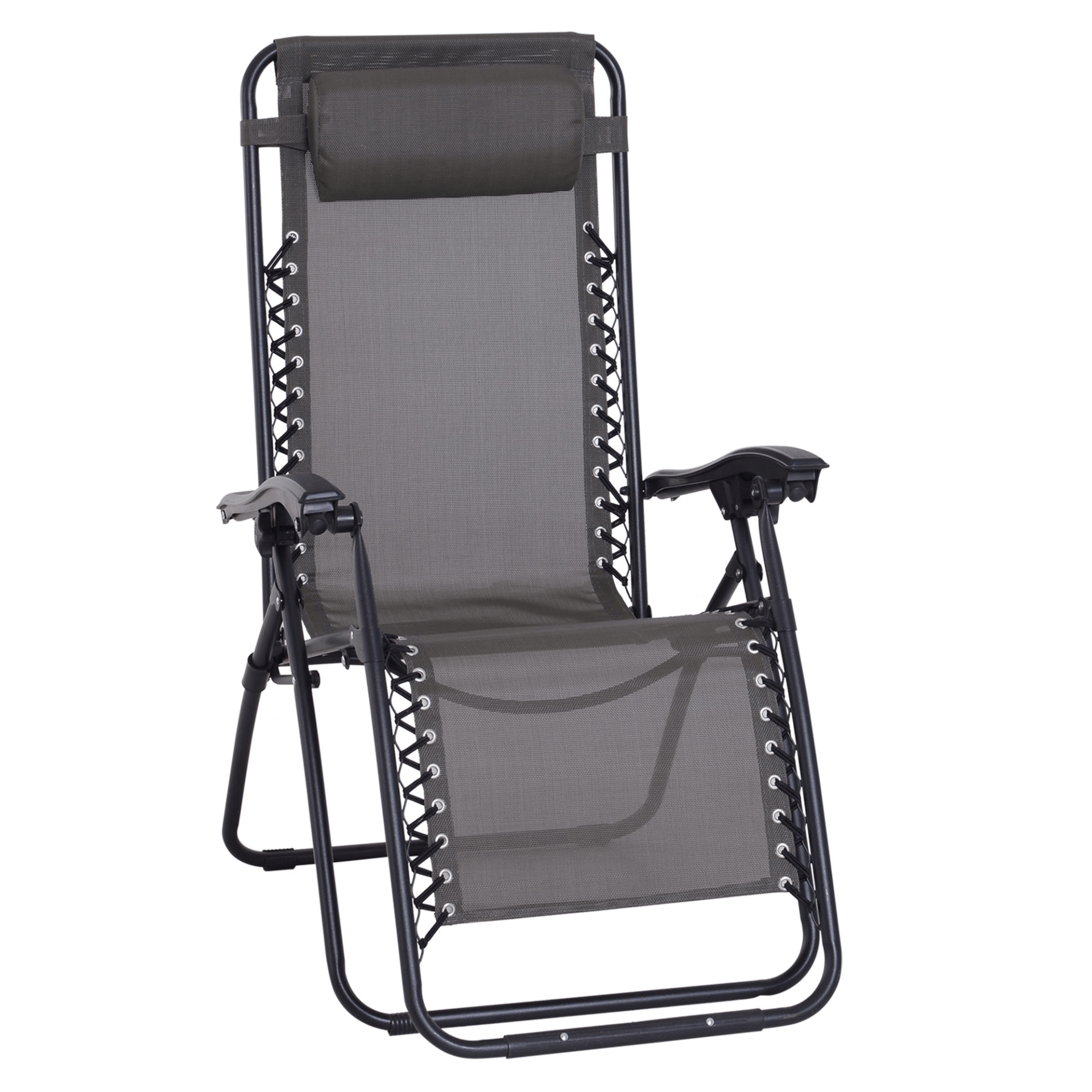 Outsunny Zero Gravity Chair Metal Frame Texteline Armchair Outdoor Folding & Reclining Sun Lounger with Head Pillow - Grey Camping Chair Cosy Camping Co. Grey  