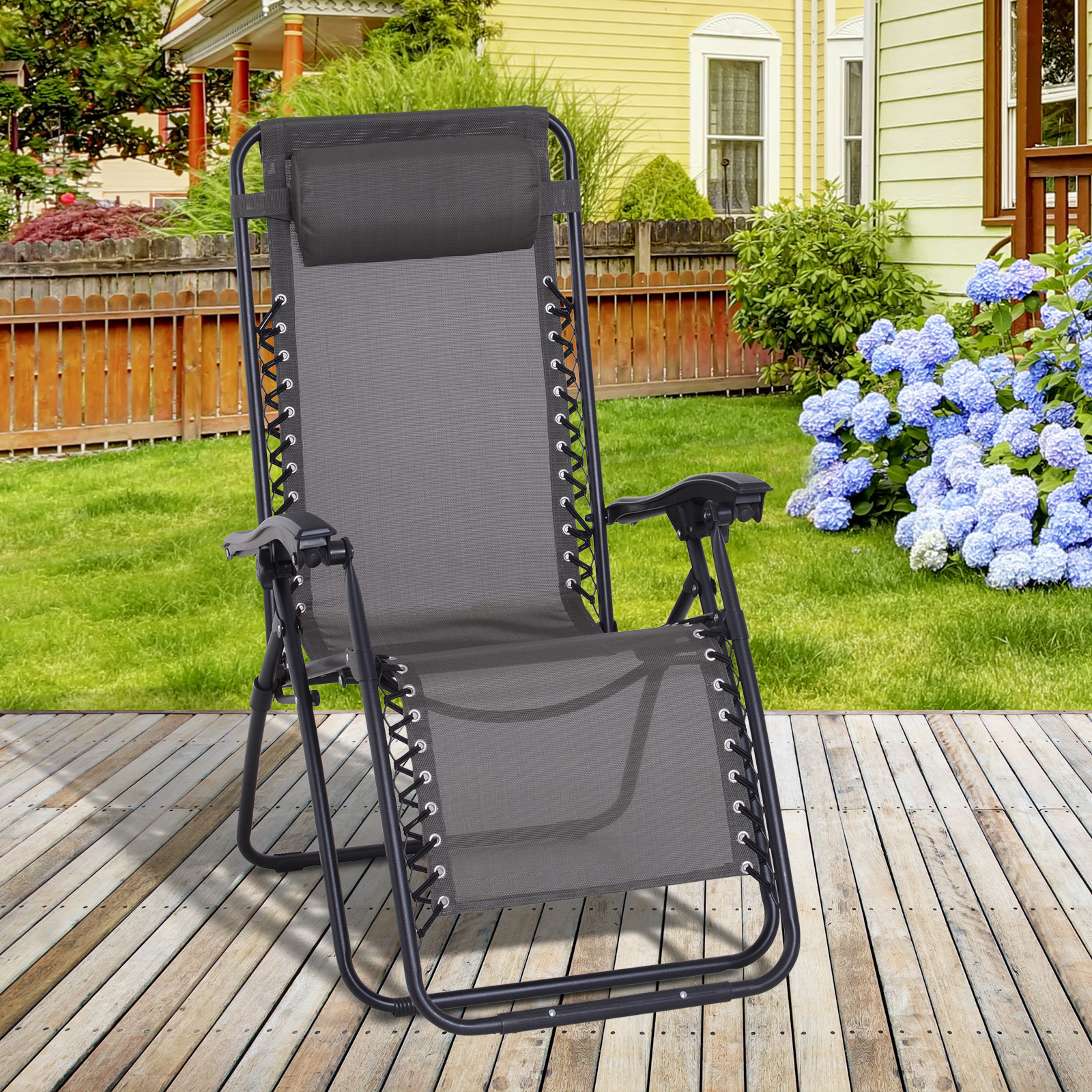 Outsunny Zero Gravity Chair Metal Frame Texteline Armchair Outdoor Folding & Reclining Sun Lounger with Head Pillow - Grey Camping Chair Cosy Camping Co.   