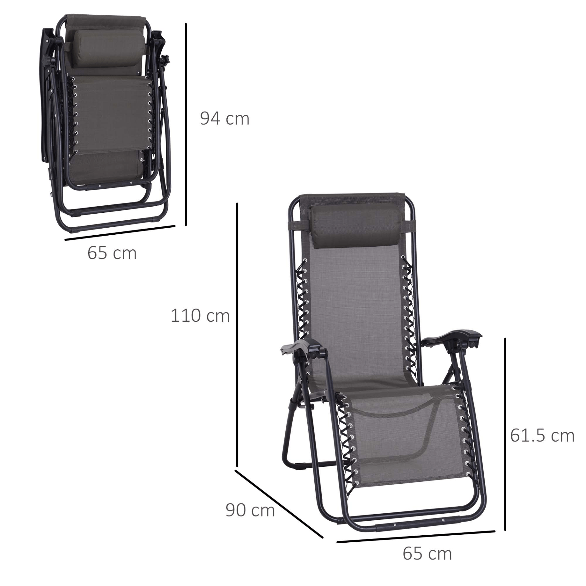 Outsunny Zero Gravity Chair Metal Frame Texteline Armchair Outdoor Folding & Reclining Sun Lounger with Head Pillow - Grey Camping Chair Cosy Camping Co.   