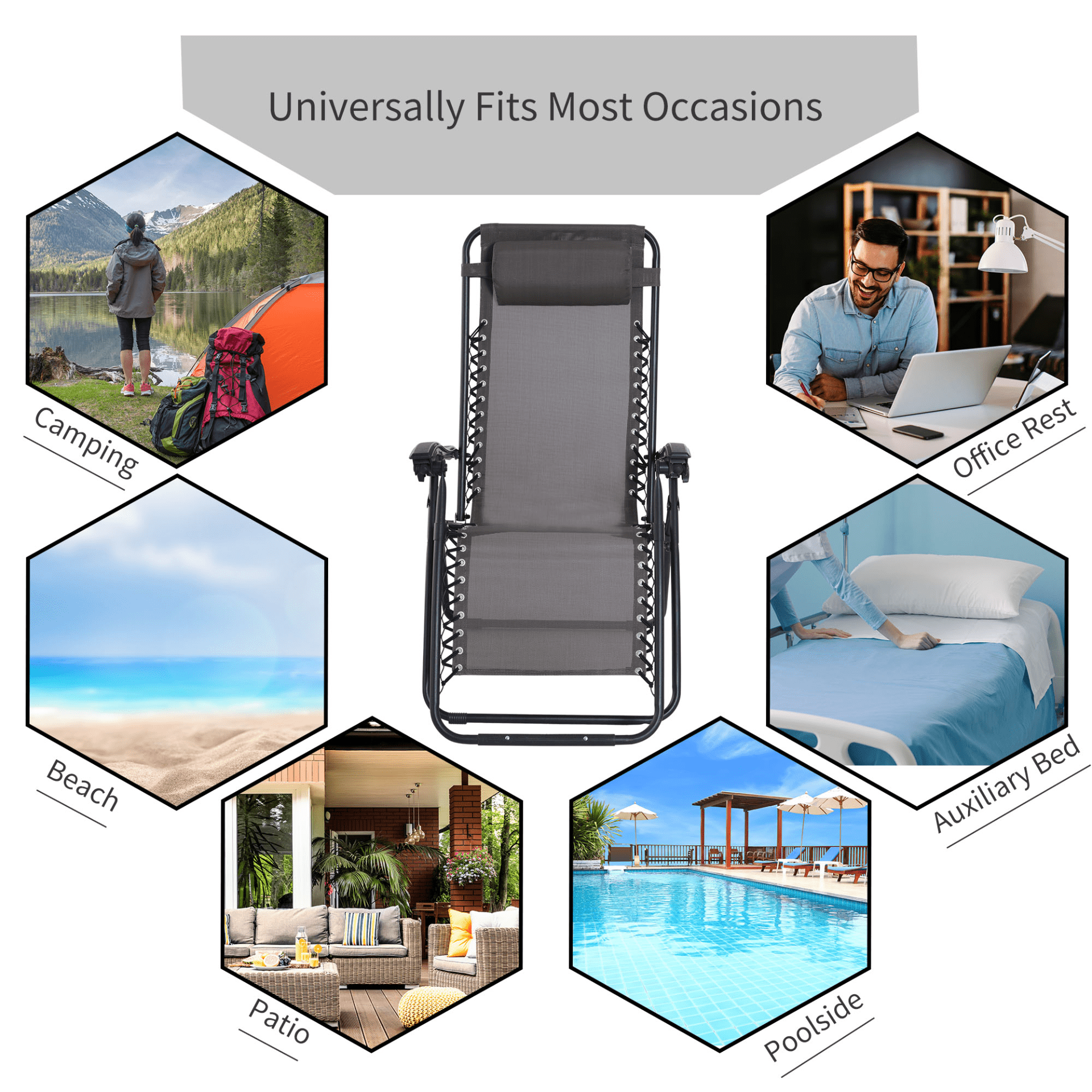 Outsunny Zero Gravity Chair Metal Frame Texteline Armchair Outdoor Folding & Reclining Sun Lounger with Head Pillow - Grey Camping Chair Cosy Camping Co.   