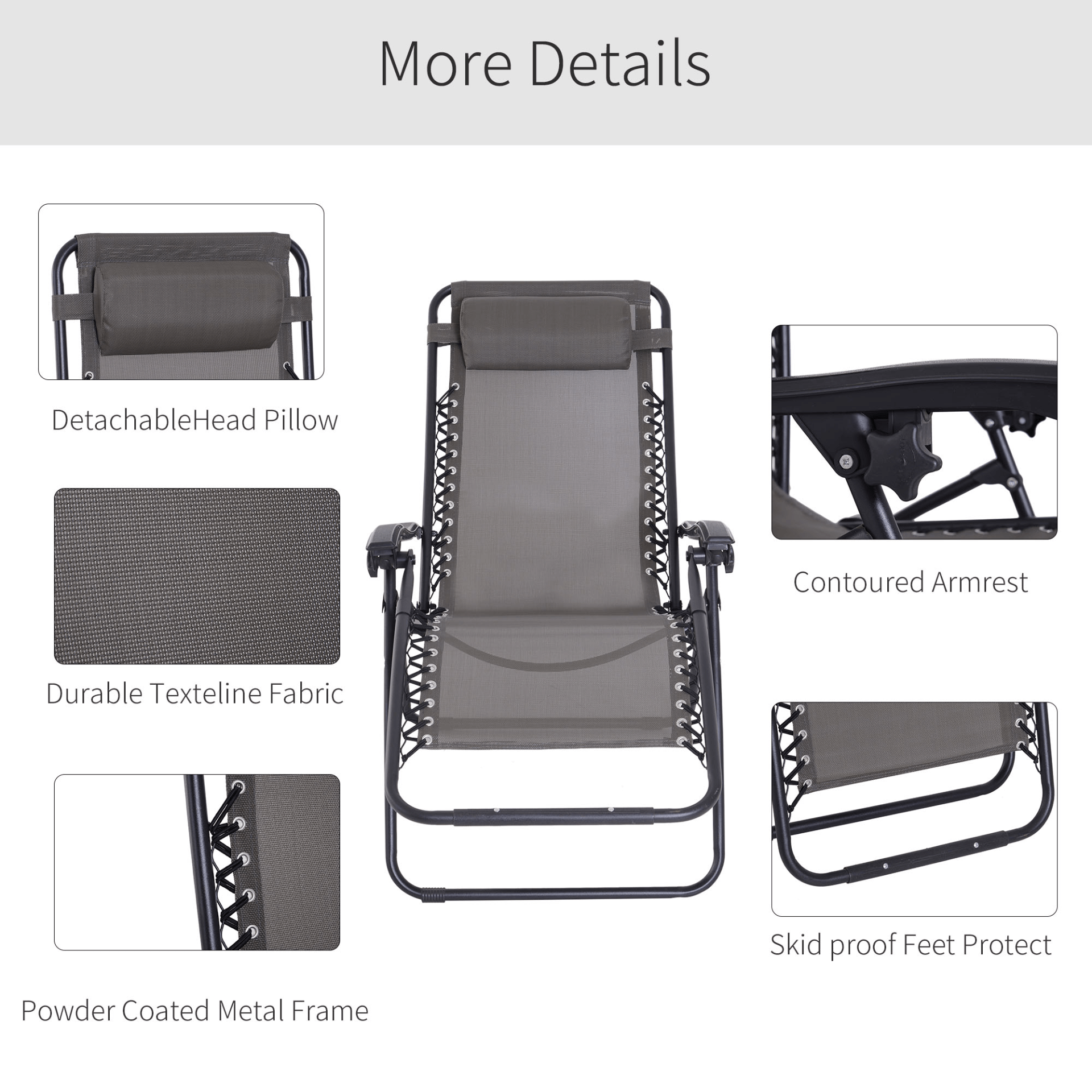 Outsunny Zero Gravity Chair Metal Frame Texteline Armchair Outdoor Folding & Reclining Sun Lounger with Head Pillow - Grey Camping Chair Cosy Camping Co.   