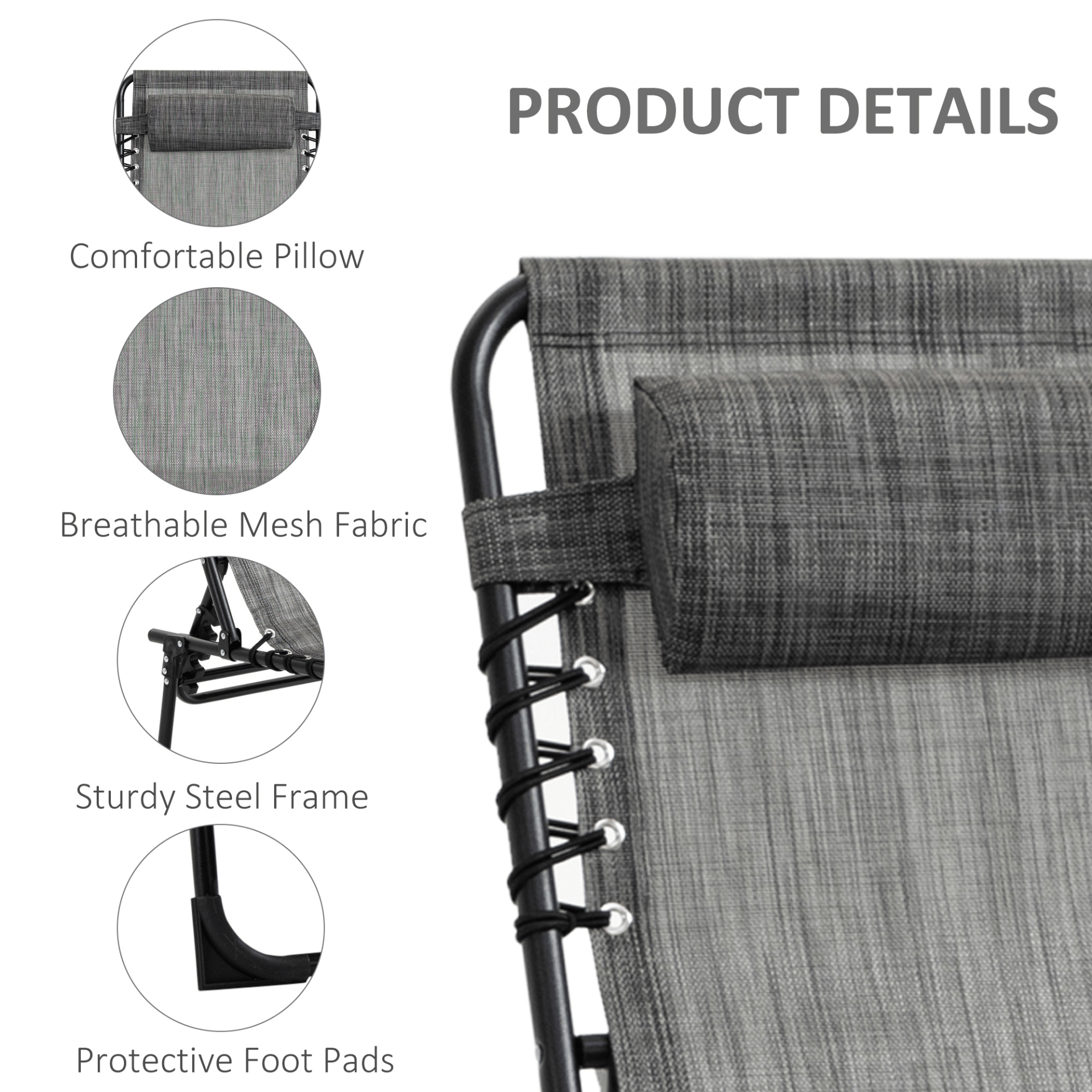 Outsunny Portable Sun Lounger, Folding Camping Bed Cot, Reclining Lounge Chair - Mixed Grey Camping Chair Cosy Camping Co.   