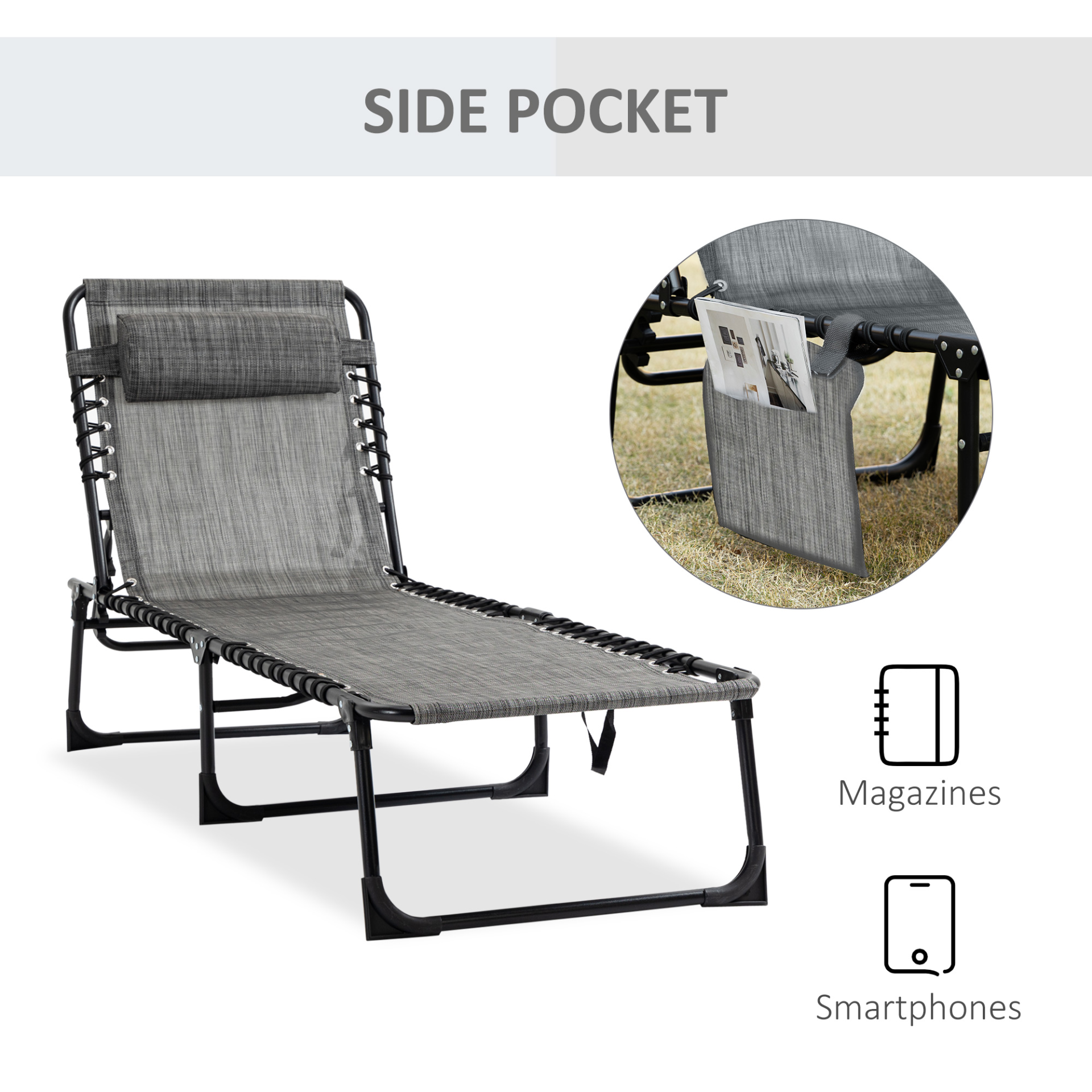 Outsunny Portable Sun Lounger, Folding Camping Bed Cot, Reclining Lounge Chair - Mixed Grey Camping Chair Cosy Camping Co.   