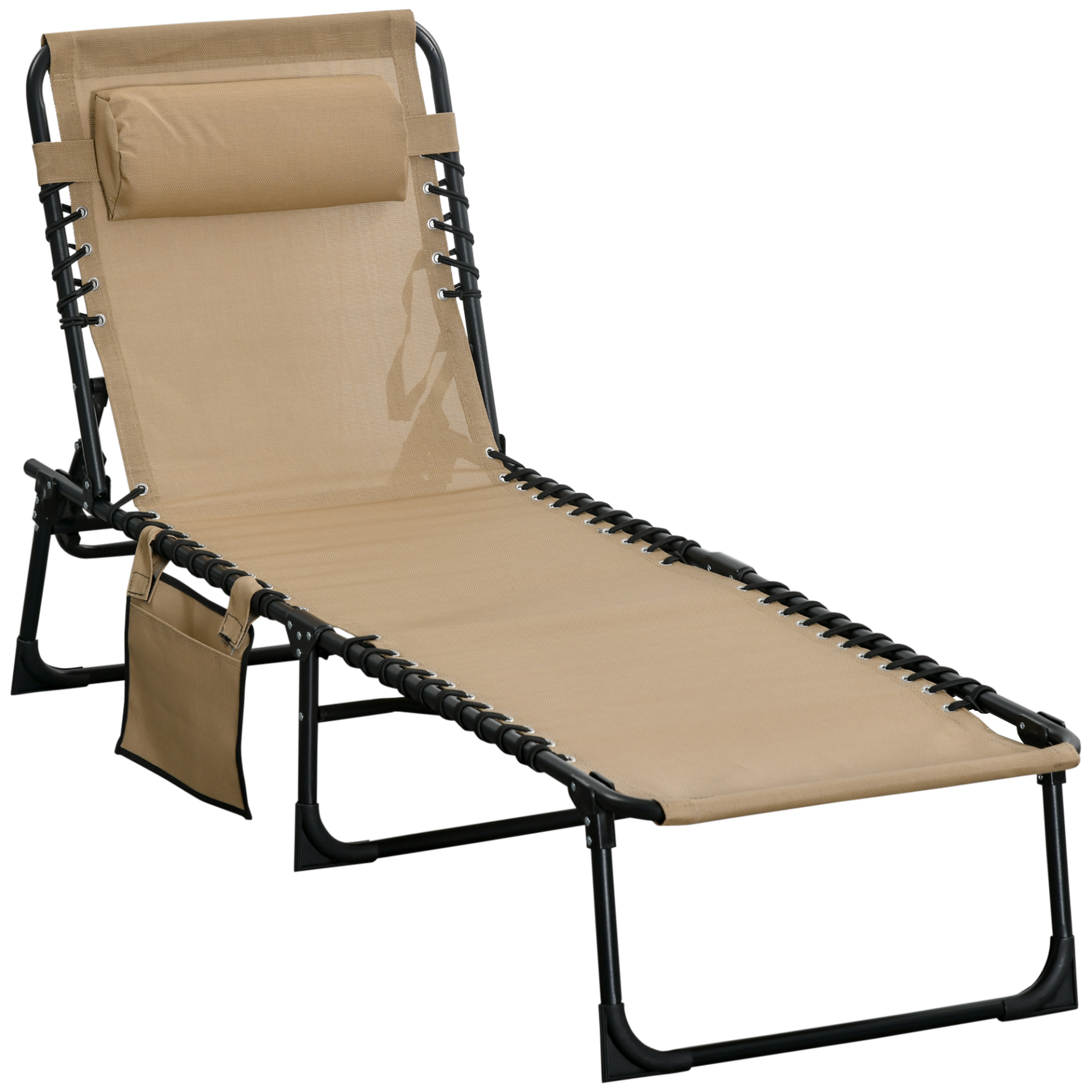 Outsunny Portable Sun Lounger, Folding Camping Bed Cot, Reclining Lounge Chair with Adjustable Backrest, Side Pocket, and Pillow - Beige Camping Chair Cosy Camping Co. Beige  