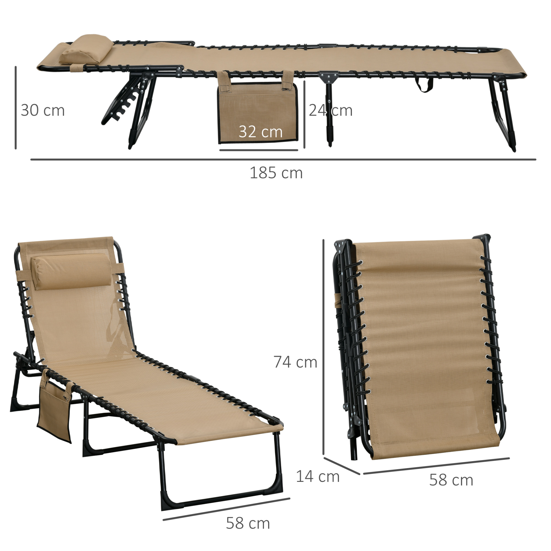 Outsunny Portable Sun Lounger, Folding Camping Bed Cot, Reclining Lounge Chair with Adjustable Backrest, Side Pocket, and Pillow - Beige Camping Chair Cosy Camping Co.   