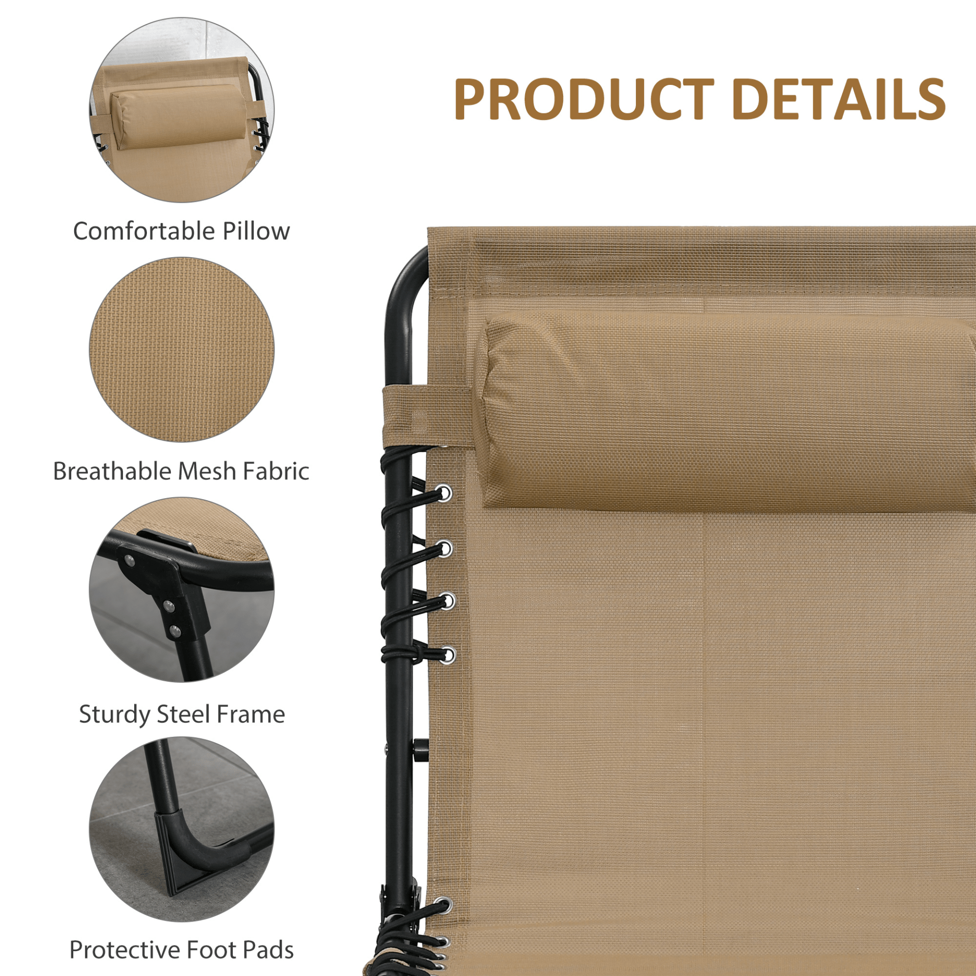 Outsunny Portable Sun Lounger, Folding Camping Bed Cot, Reclining Lounge Chair with Adjustable Backrest, Side Pocket, and Pillow - Beige Camping Chair Cosy Camping Co.   