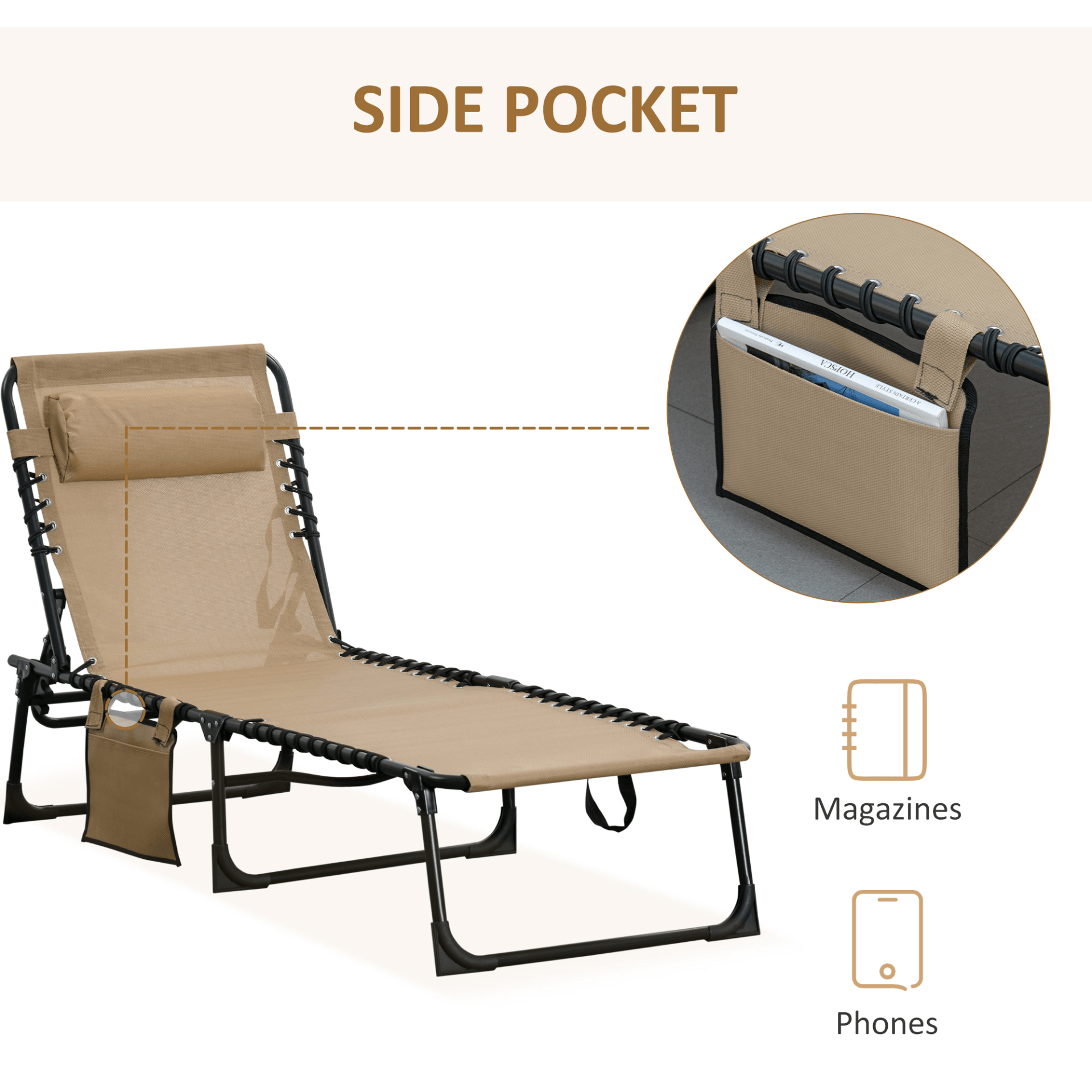 Outsunny Portable Sun Lounger, Folding Camping Bed Cot, Reclining Lounge Chair with Adjustable Backrest, Side Pocket, and Pillow - Beige Camping Chair Cosy Camping Co.   