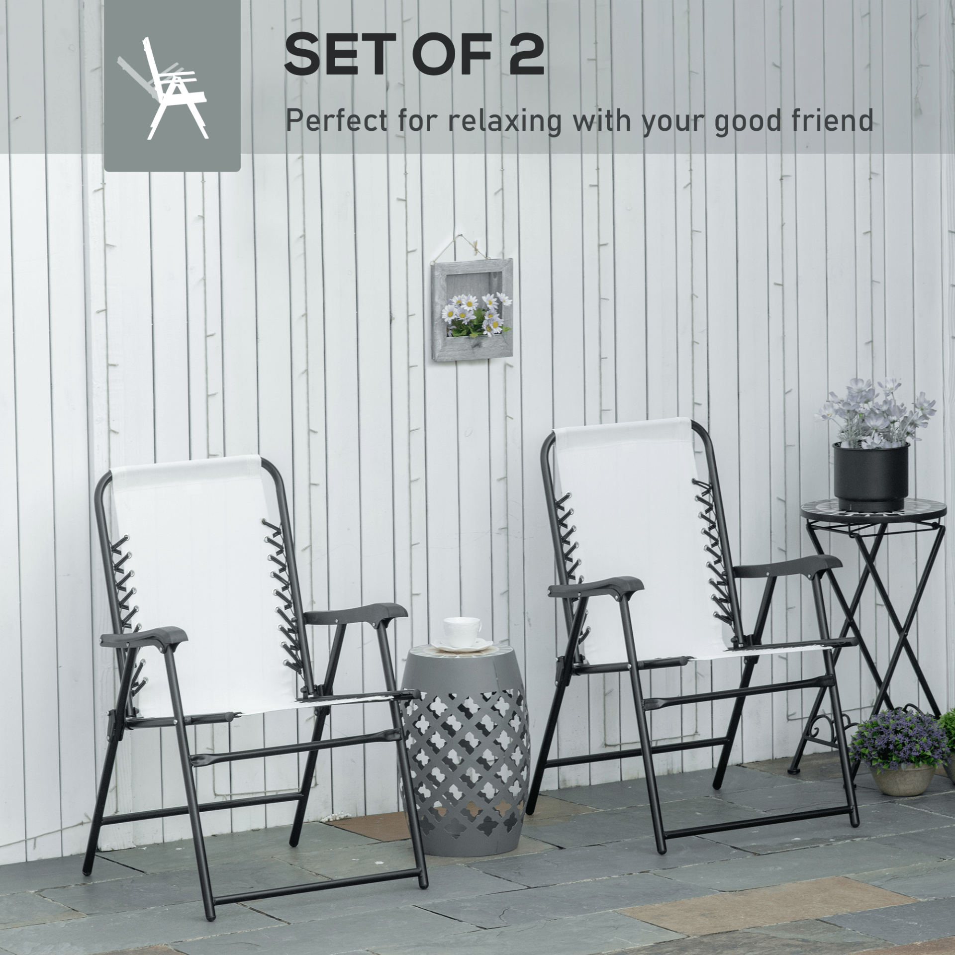 Outsunny Set of 2 Patio Folding Dining Chair Set Garden Outdoor Portable for Camping Pool Beach Deck Lawn with Armrest, Cream White Camping Chair Cosy Camping Co.   