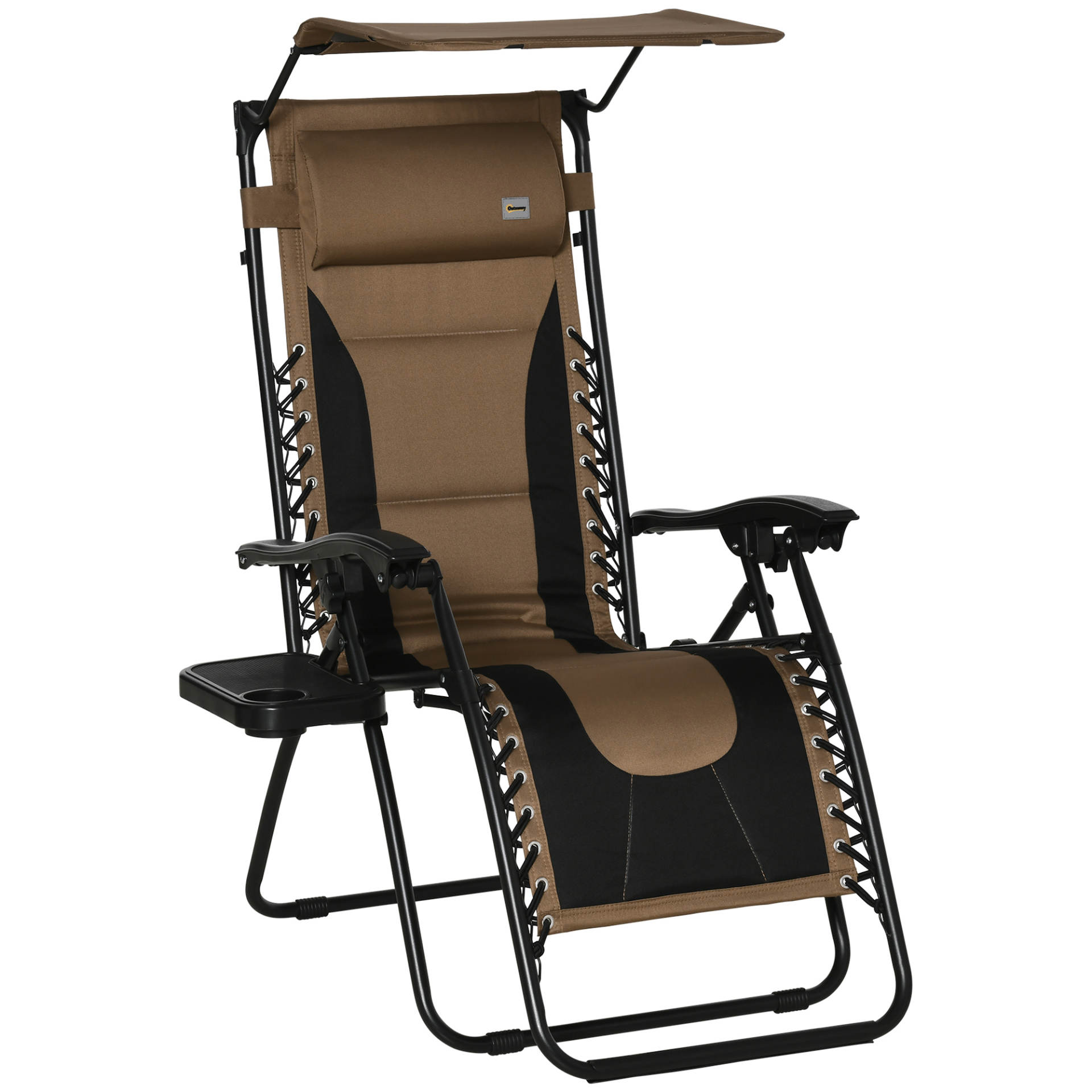 Outsunny Zero Gravity Lounger Chair, Folding Reclining Patio Chair with Shade Cover, Cup Holder, Soft Cushion and Headrest - Brown Camping Chair Cosy Camping Co. Brown  