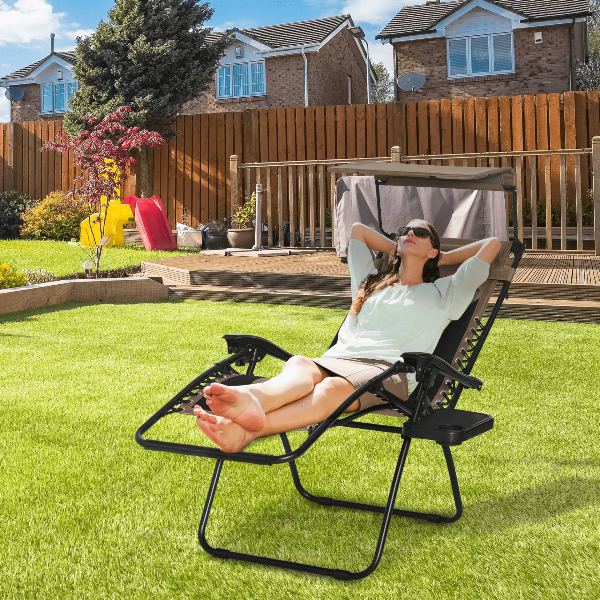 Outsunny Zero Gravity Lounger Chair, Folding Reclining Patio Chair with Shade Cover, Cup Holder, Soft Cushion and Headrest - Brown Camping Chair Cosy Camping Co.   
