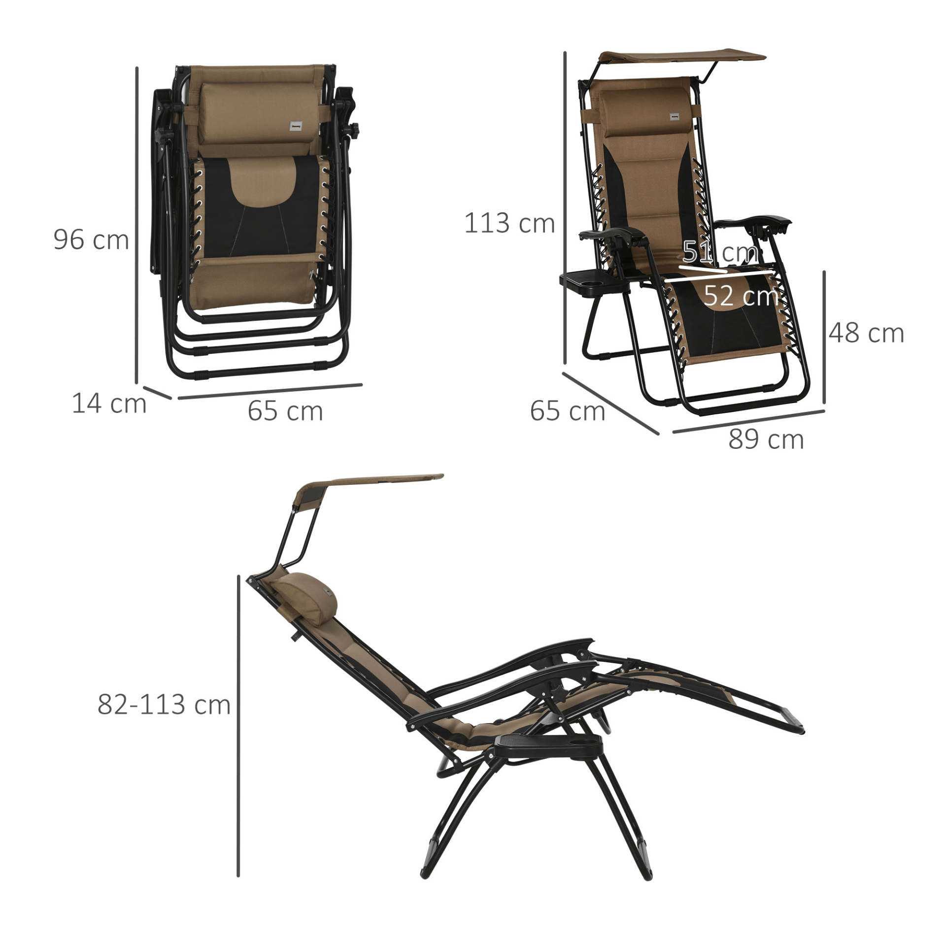 Outsunny Zero Gravity Lounger Chair, Folding Reclining Patio Chair with Shade Cover, Cup Holder, Soft Cushion and Headrest - Brown Camping Chair Cosy Camping Co.   