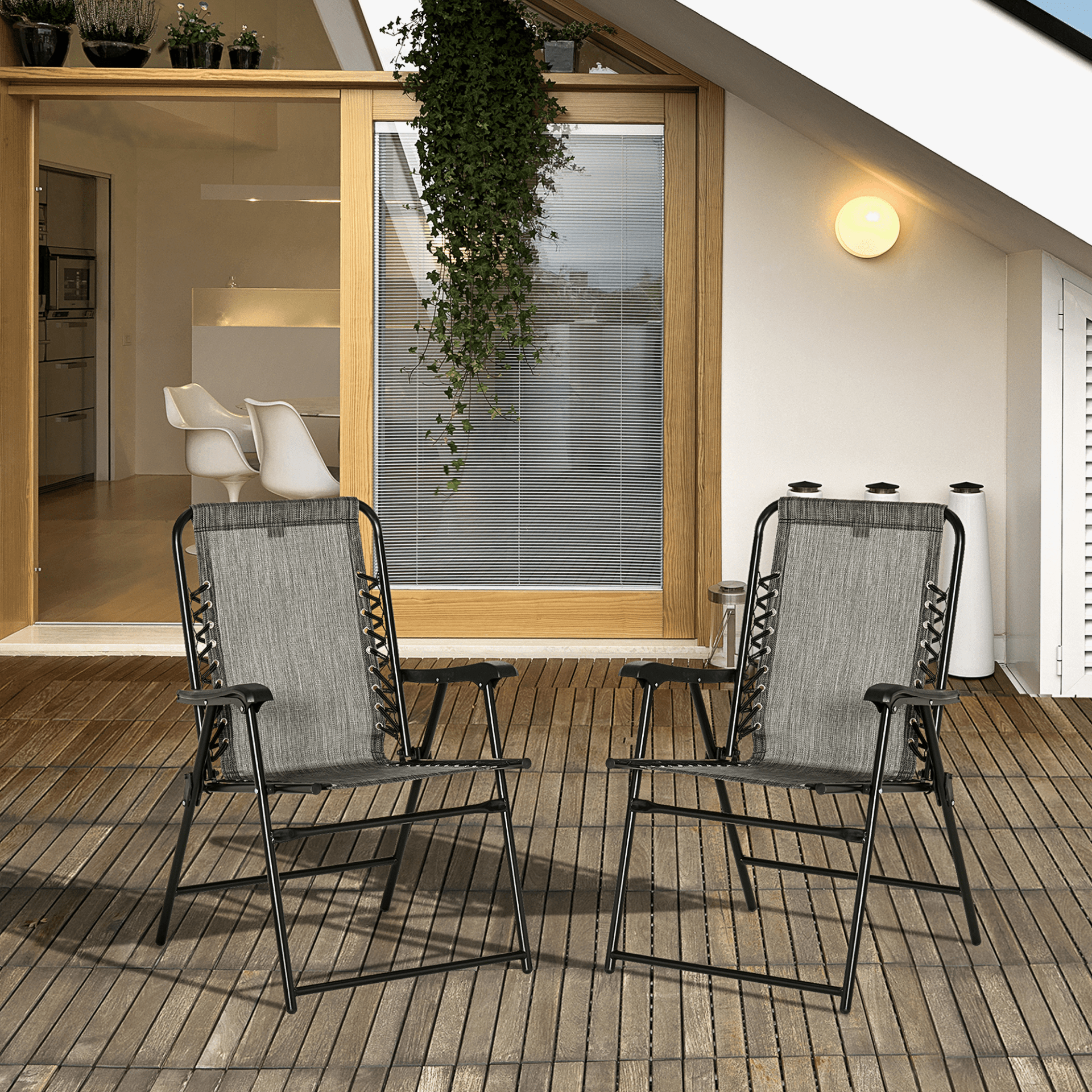 Outsunny Set of 2 Patio Folding Dining Chair Set Garden Outdoor Portable for Camping Pool Beach Deck Lawn with Armrest, Grey - Comfortable, Stylish, and Portable Chairs Camping Chair Cosy Camping Co.   