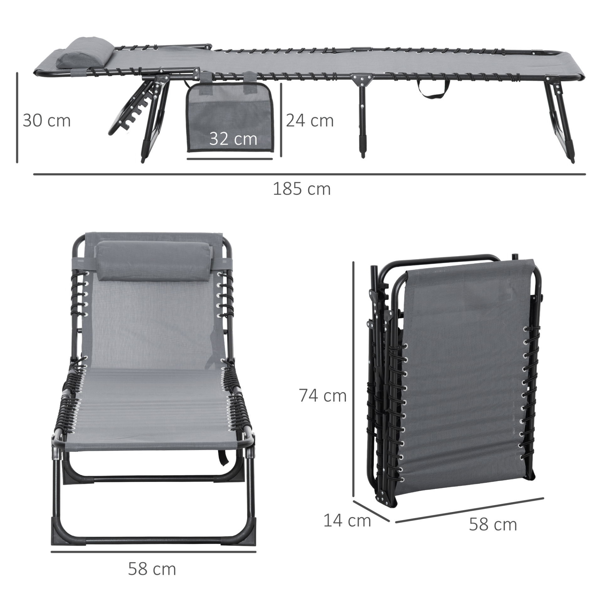 Outsunny Portable Sun Lounger, Folding Camping Bed Cot, Reclining Lounge Chair - Grey Camping Chair Cosy Camping Co.   