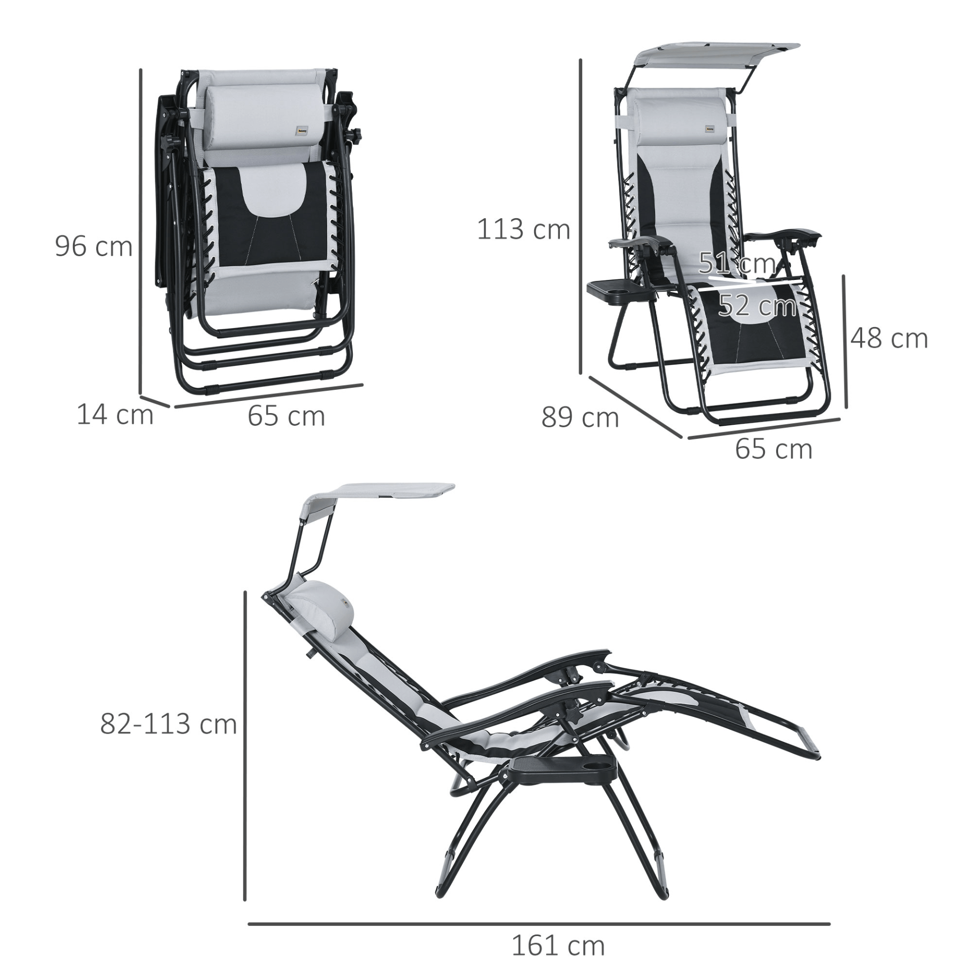 Outsunny Zero Gravity Lounger Chair with Shade Cover, Cup Holder, Soft Cushion - Grey Camping Chair Cosy Camping Co.   