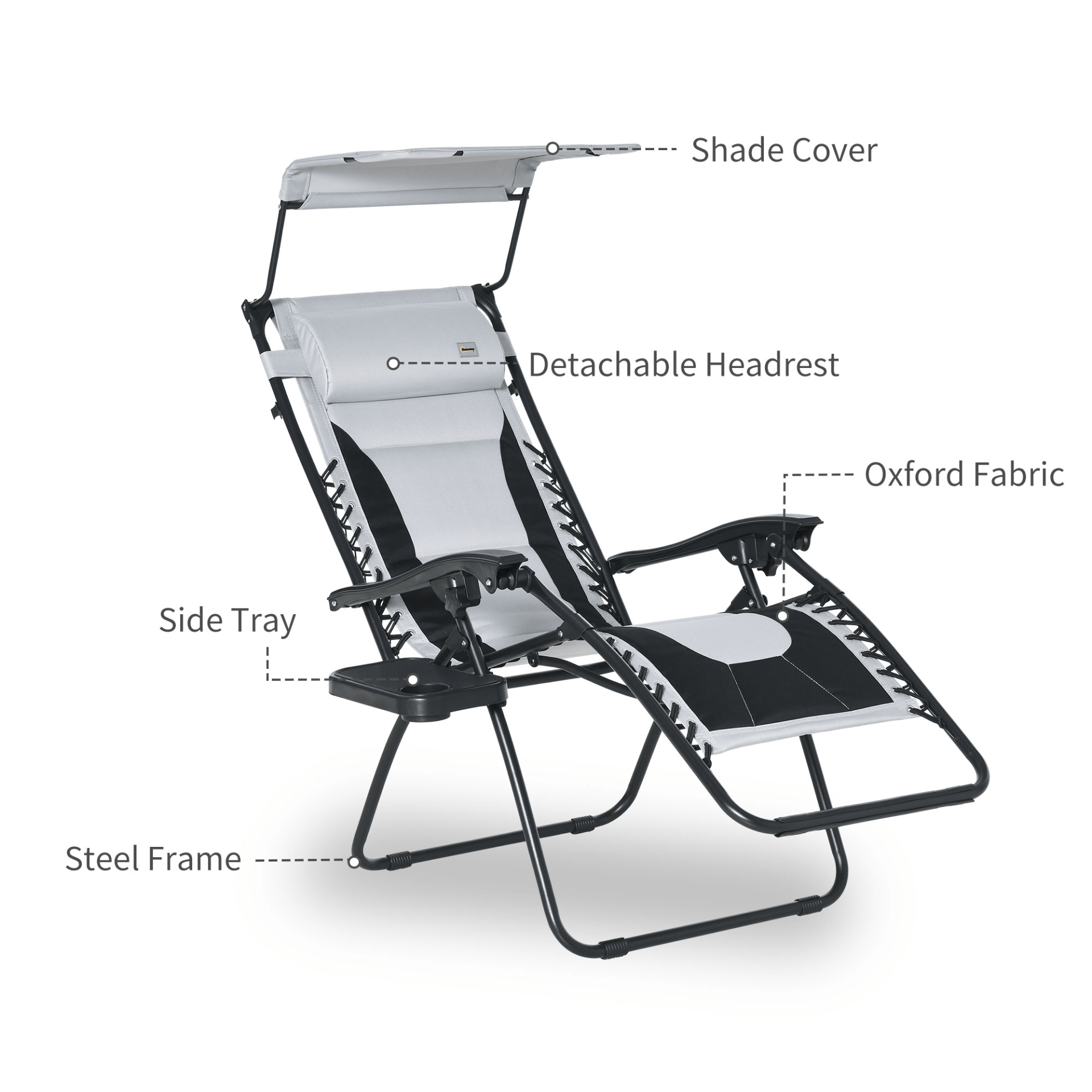 Outsunny Zero Gravity Lounger Chair with Shade Cover, Cup Holder, Soft Cushion - Grey Camping Chair Cosy Camping Co.   