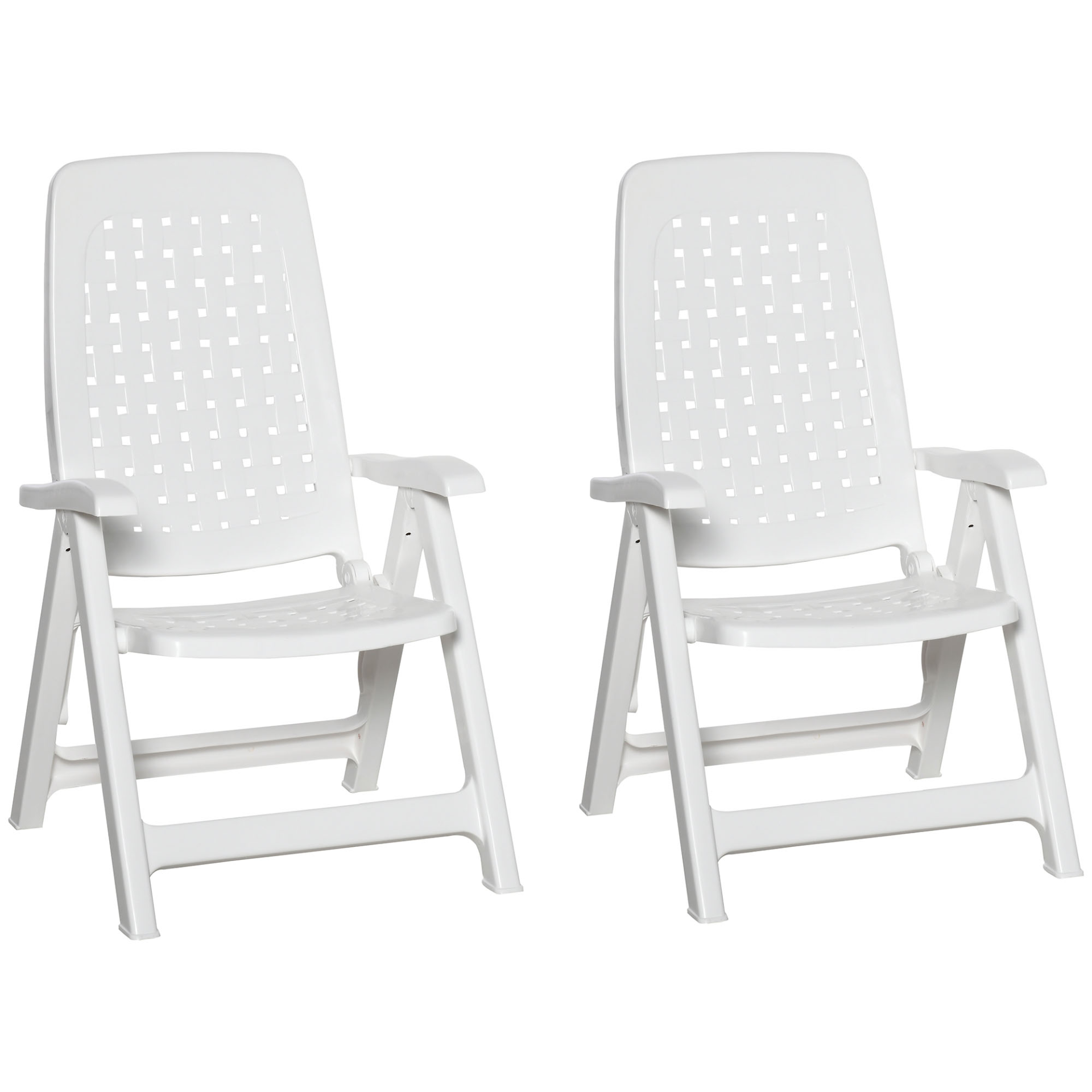Outsunny Set of 2 Folding Plastic Dining Chairs - 4-Position Backrest, Reclining Armchairs for Indoor & Outdoor Events, Camping - White Camping Chair Cosy Camping Co. White  
