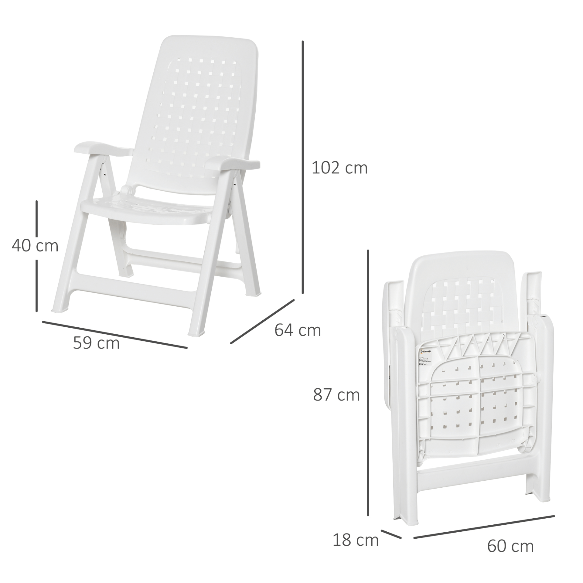 Outsunny Set of 2 Folding Plastic Dining Chairs - 4-Position Backrest, Reclining Armchairs for Indoor & Outdoor Events, Camping - White Camping Chair Cosy Camping Co.   