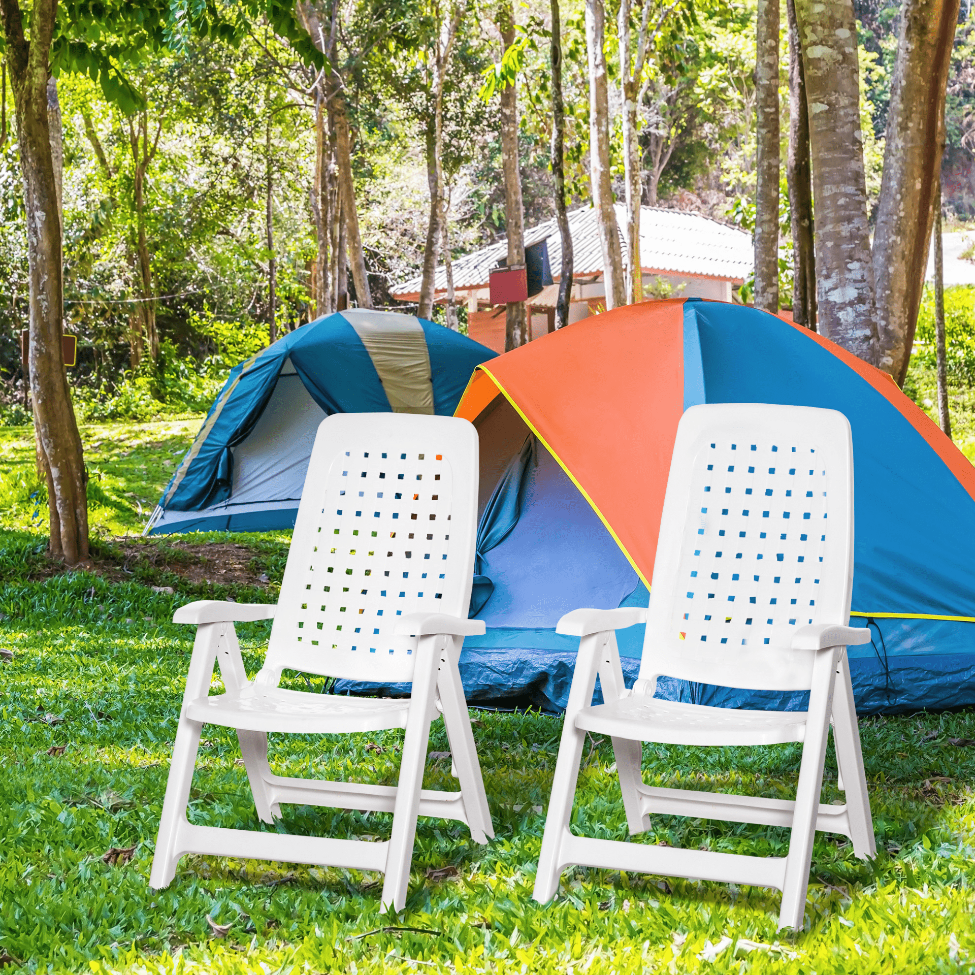 Outsunny Set of 2 Folding Plastic Dining Chairs - 4-Position Backrest, Reclining Armchairs for Indoor & Outdoor Events, Camping - White Camping Chair Cosy Camping Co.   