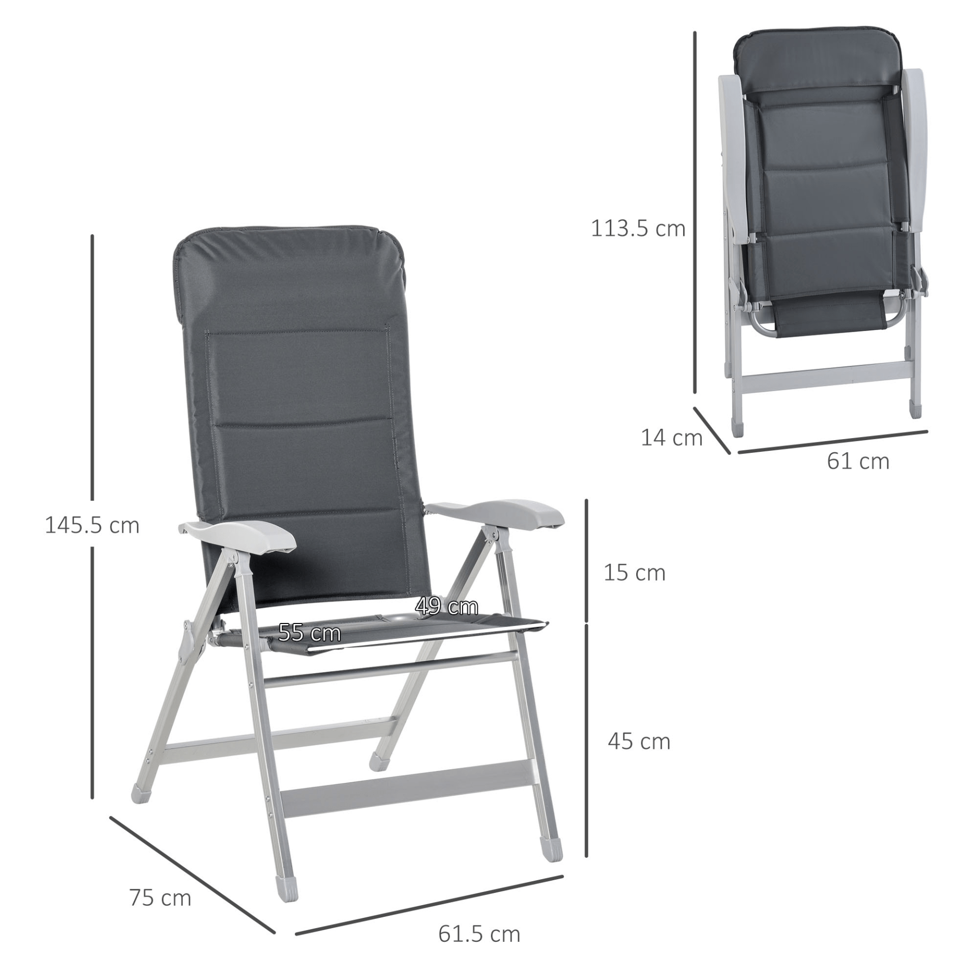 Outsunny Set Of 2 Padded Folding Deck Chair Garden Seats - Adjustable Back, Armrest, Aluminium Frame - Portable Camping Outdoor Pool Grey Camping Chair Cosy Camping Co.   