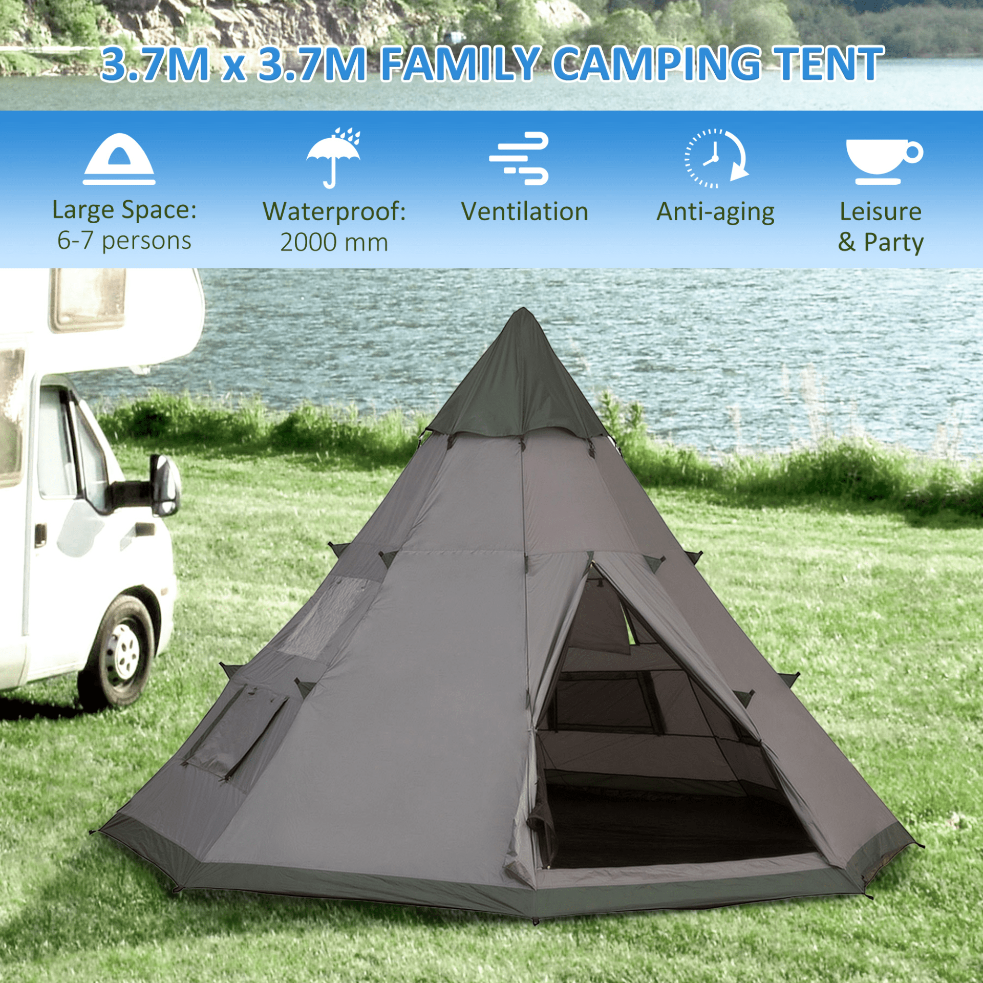 Outsunny 6 Men Tipi Tent 6 Man Tent Cosy Camping Co.   