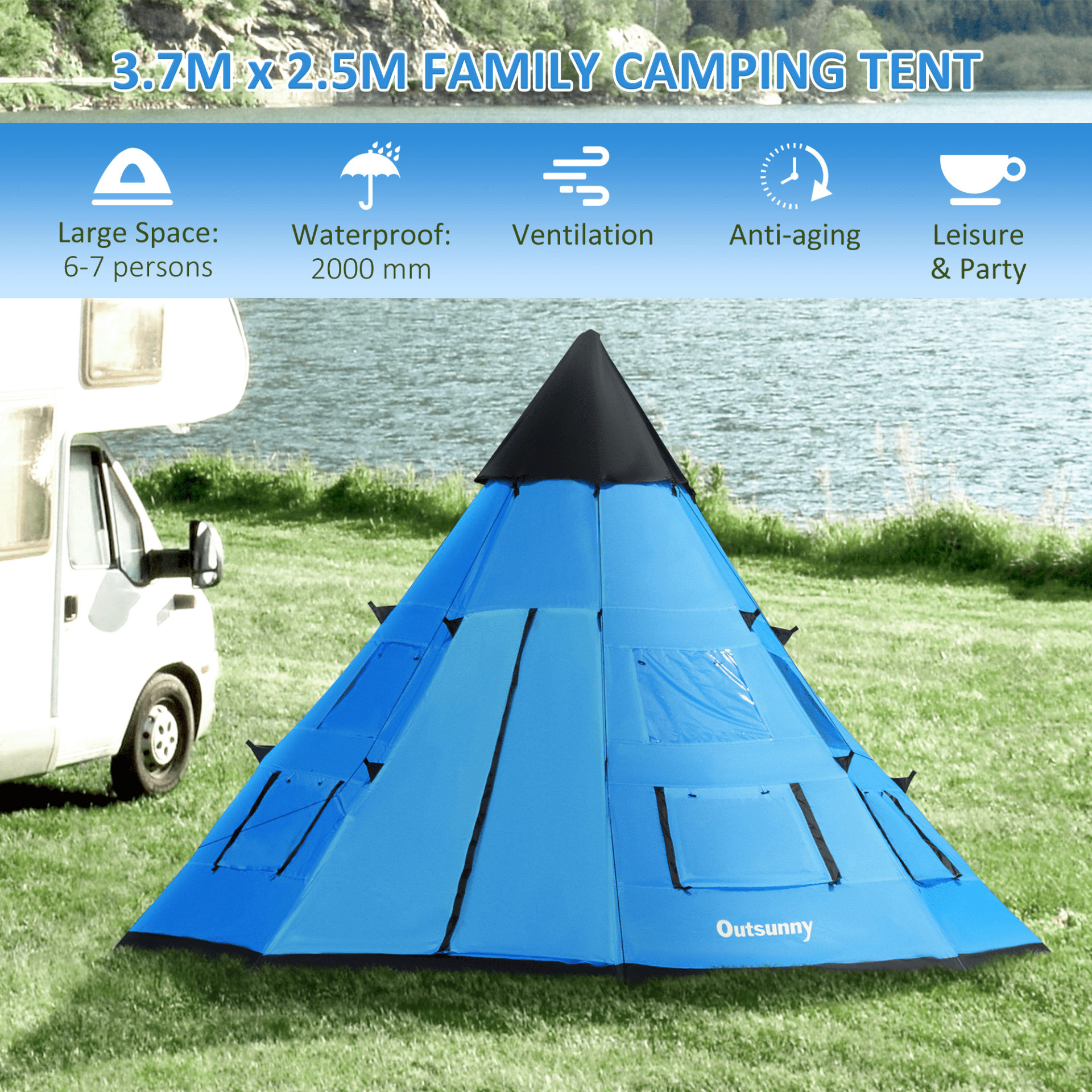 Outsunny 6 Men Tipi Tent 6 Man Tent Cosy Camping Co.   