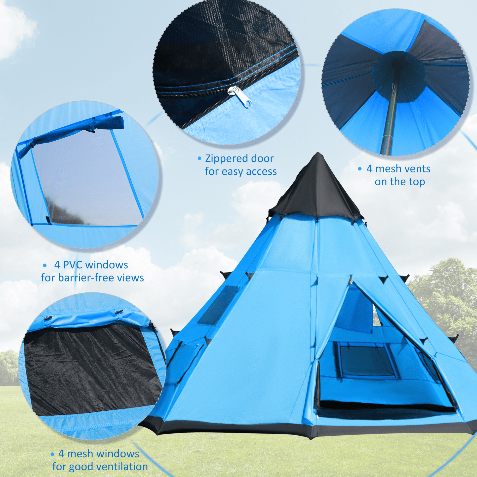 Outsunny 6 Men Tipi Tent 6 Man Tent Cosy Camping Co.   