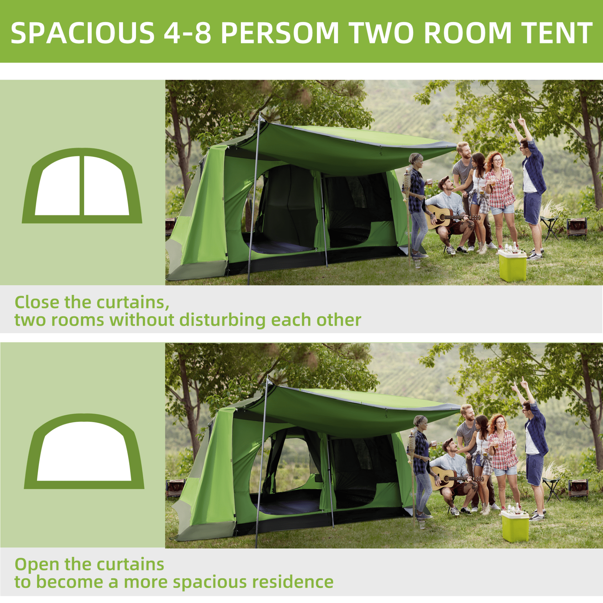 Outsunny Two Room Dome Tent w/ Porch for 4-8 Man | Camping Backpacking Shelter 8 Man Tent Cosy Camping Co.   