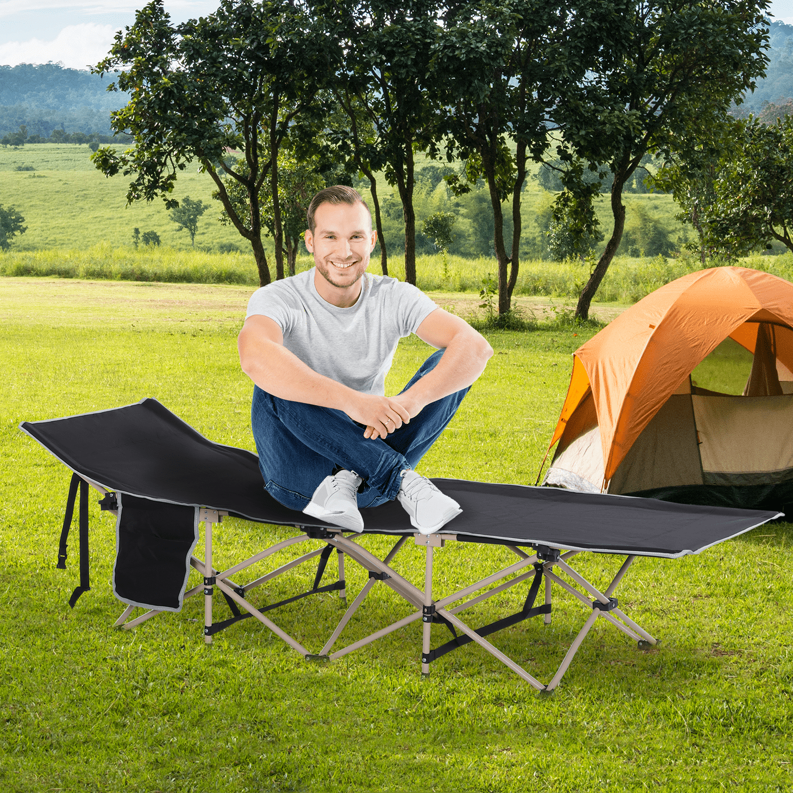 Outsunny Single Person Camping Bed Folding Cot - Portable Military Sleeping Bed with Side Pocket and Carry Bag Sleeping Mats and Airbeds Cosy Camping Co.   
