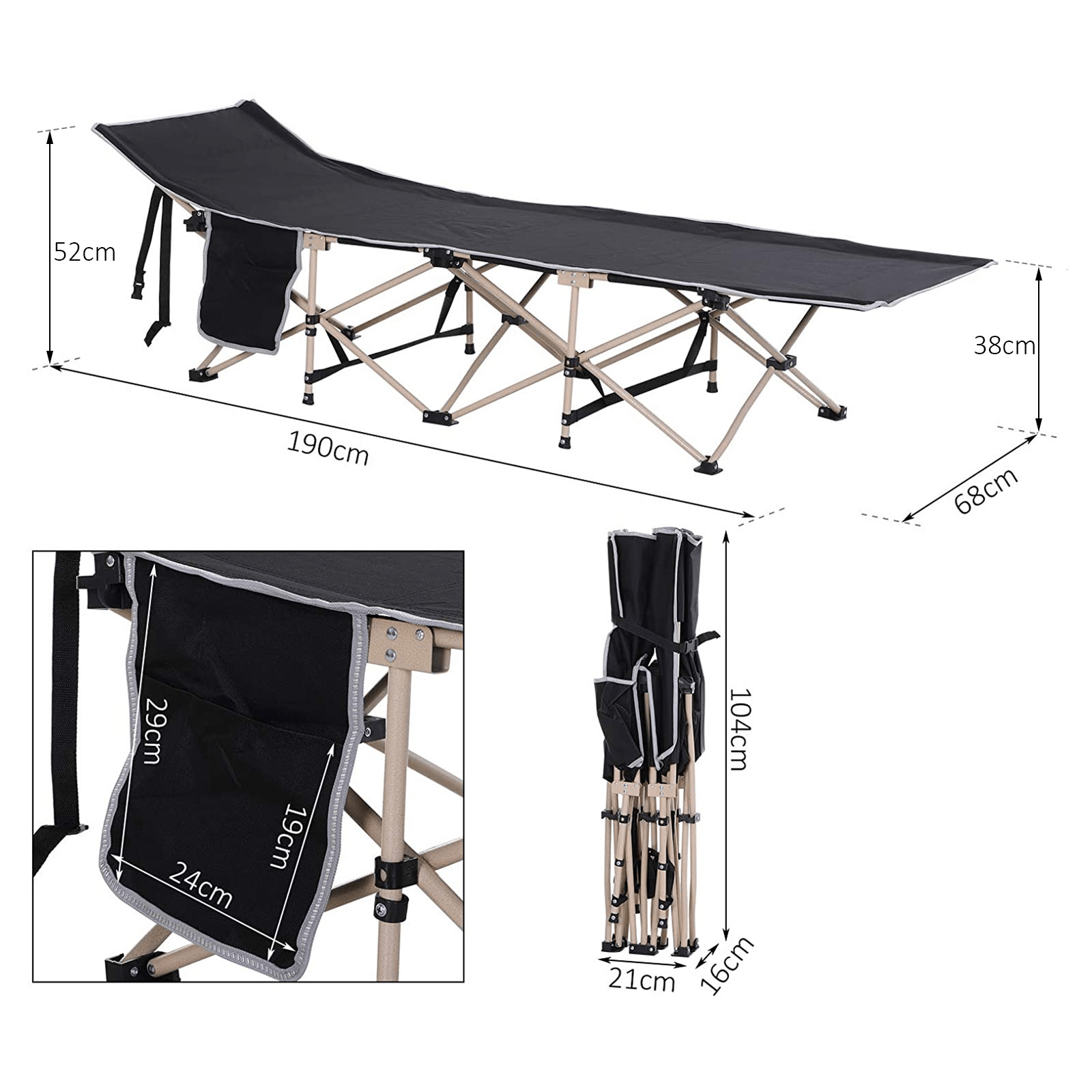 Outsunny Single Person Camping Bed Folding Cot - Portable Military Sleeping Bed with Side Pocket and Carry Bag Sleeping Mats and Airbeds Cosy Camping Co.   